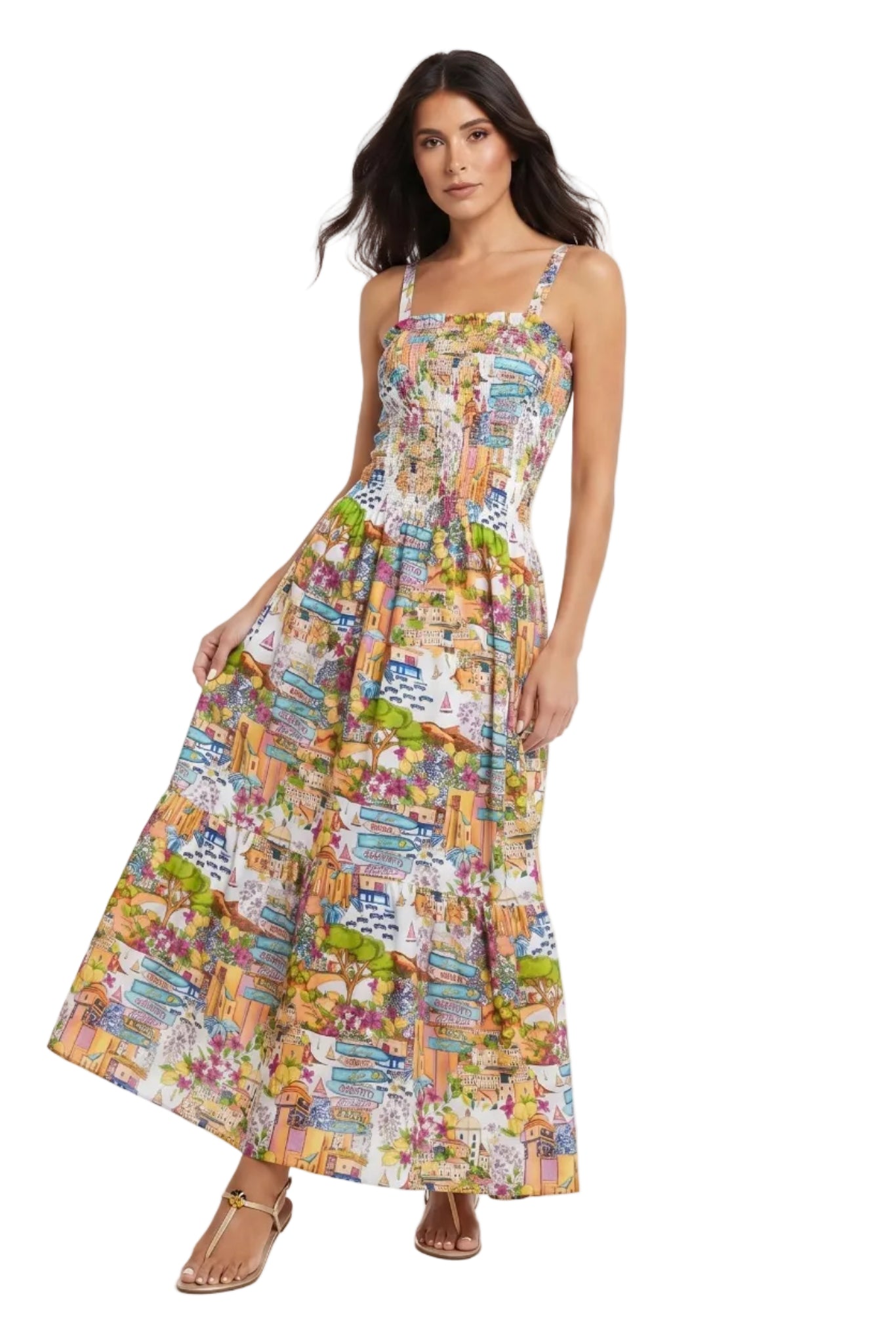 Abito Positano Lungo in Puro Lino Balzato con Stampa Costiera