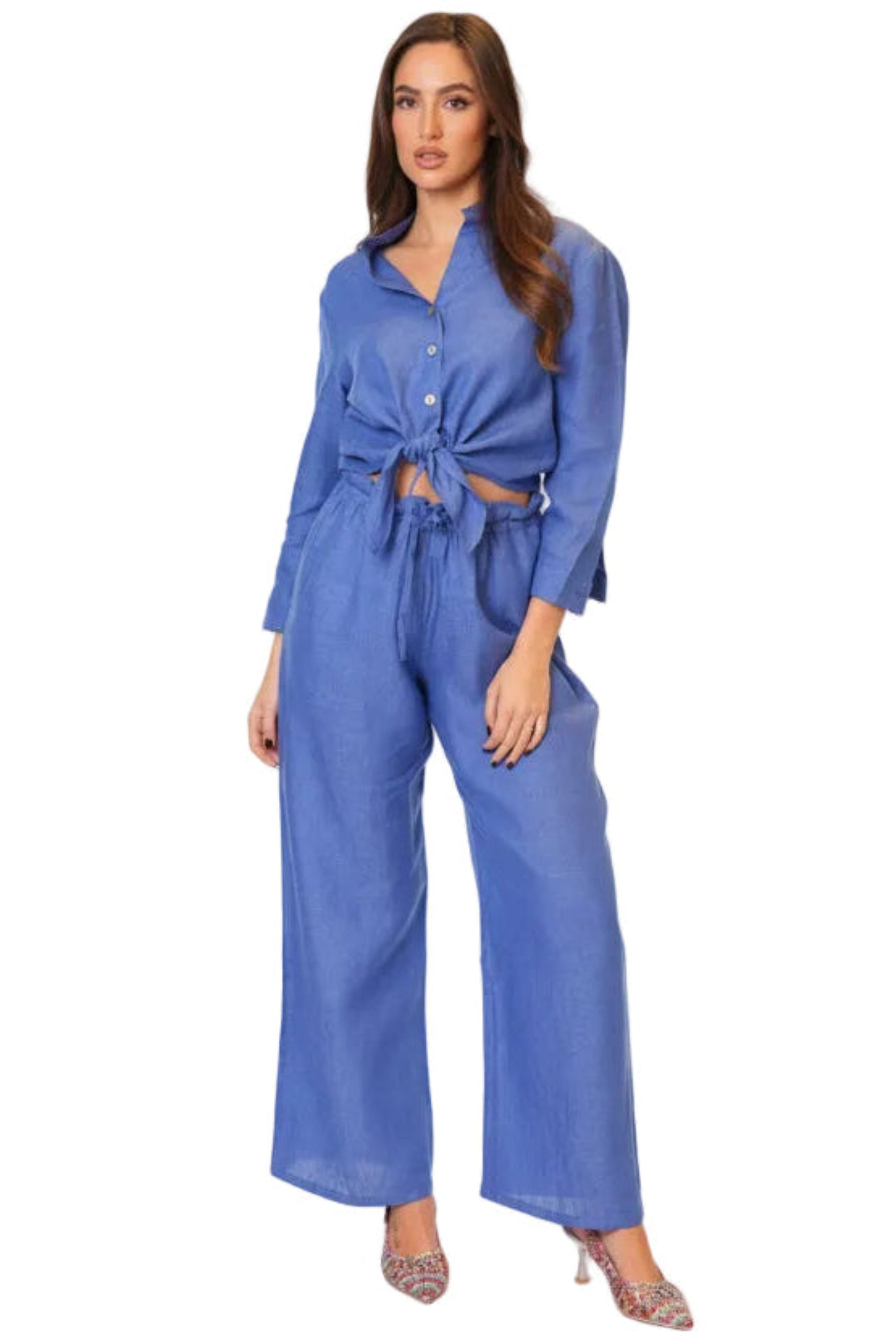 Completo Camicia Nodo Positano in Puro Lino Blue Royal