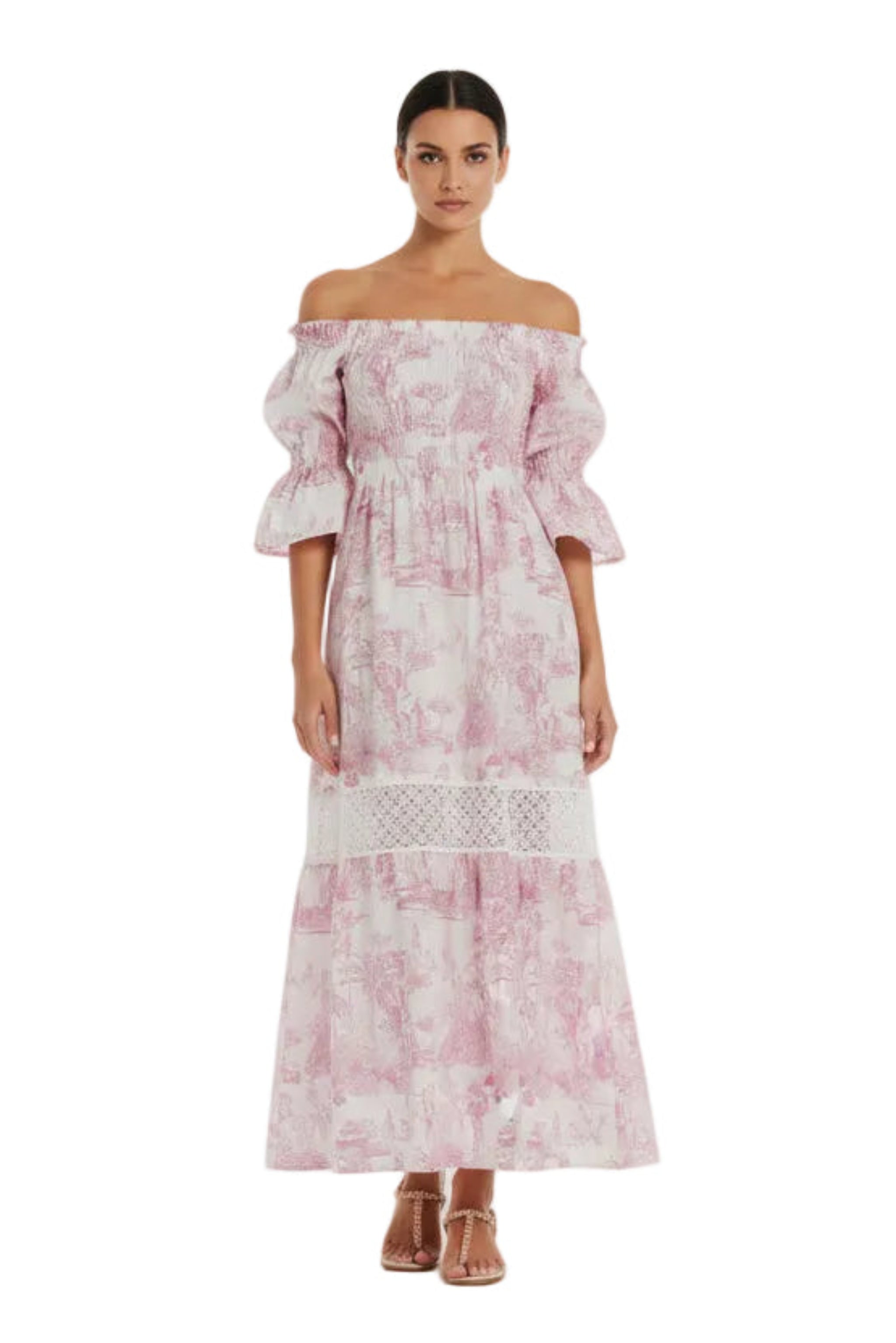 Abito Positano Lungo in Puro Lino con Stampa Rosa Toile de Jouy