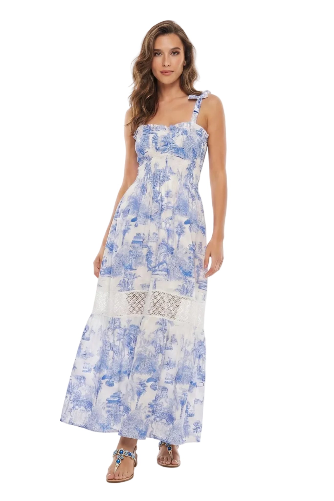 Abito Positano Lungo in Puro Lino con Stampa Blu Toile de Jouy