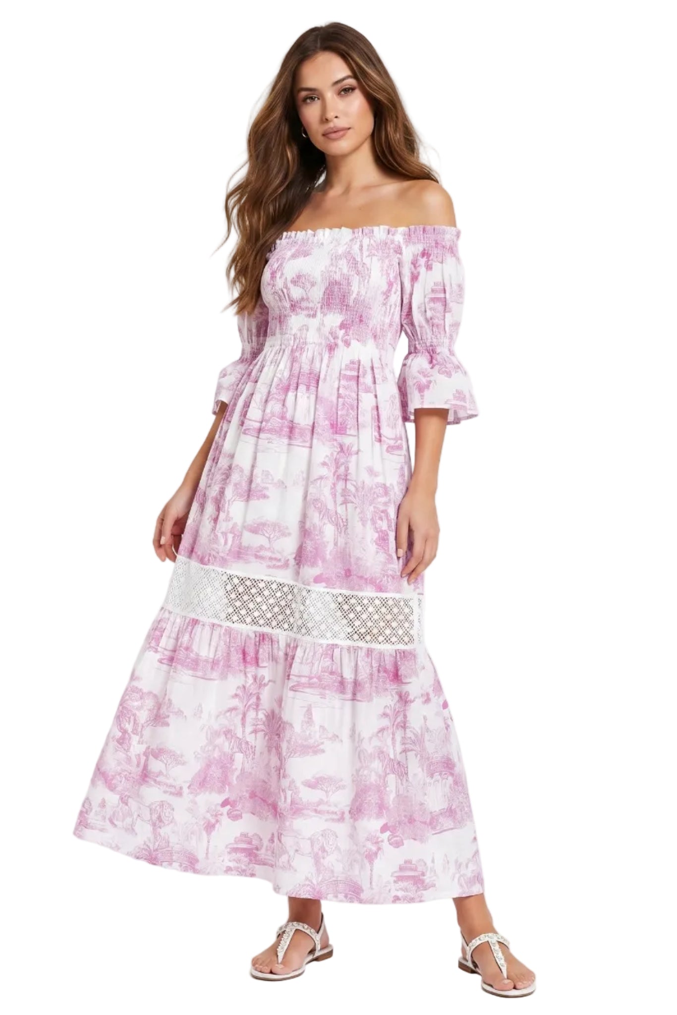 Abito Positano Lungo in Puro Lino con Stampa Rosa Toile de Jouy