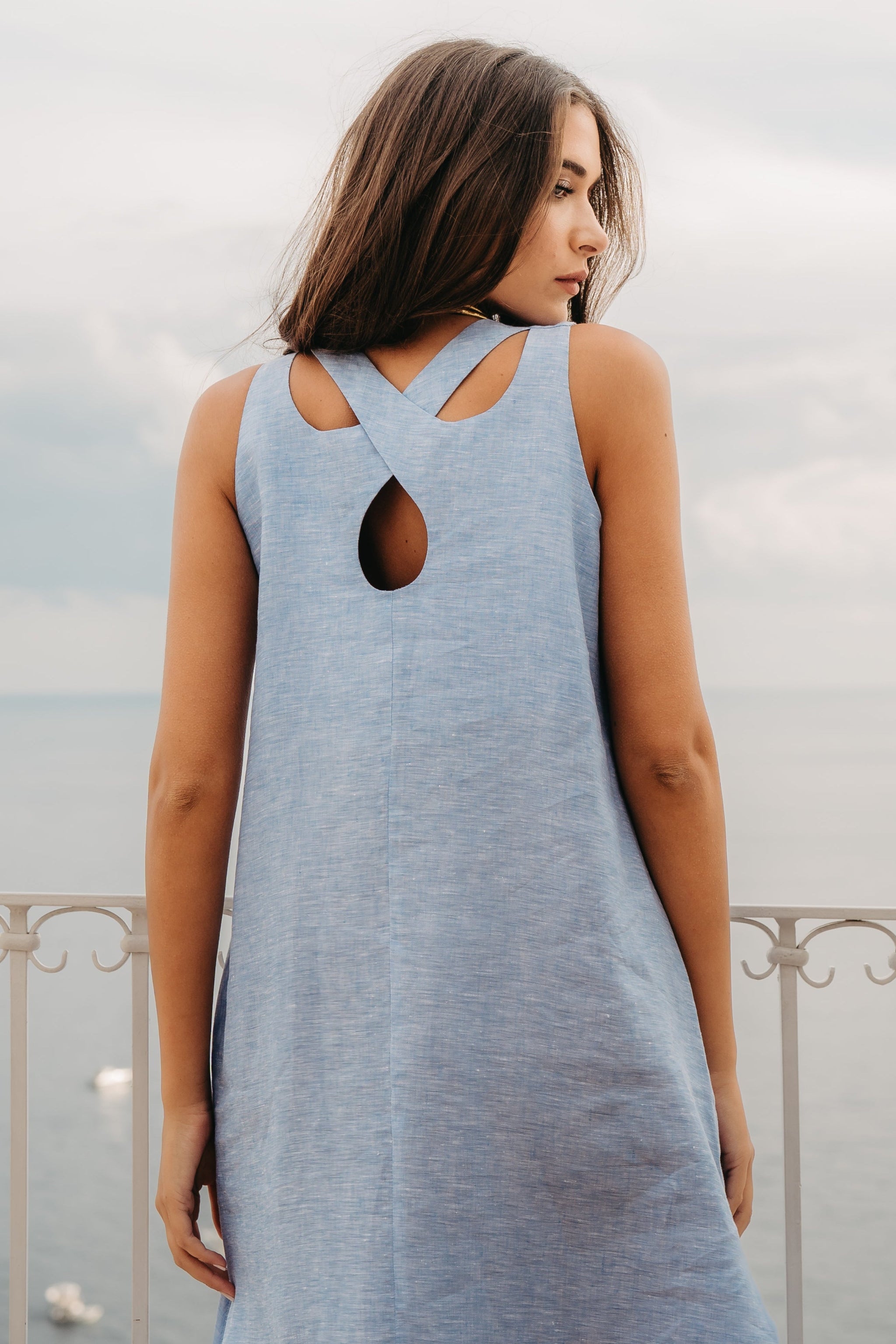 Abito Positano Marina Lungo in Puro Lino Celeste