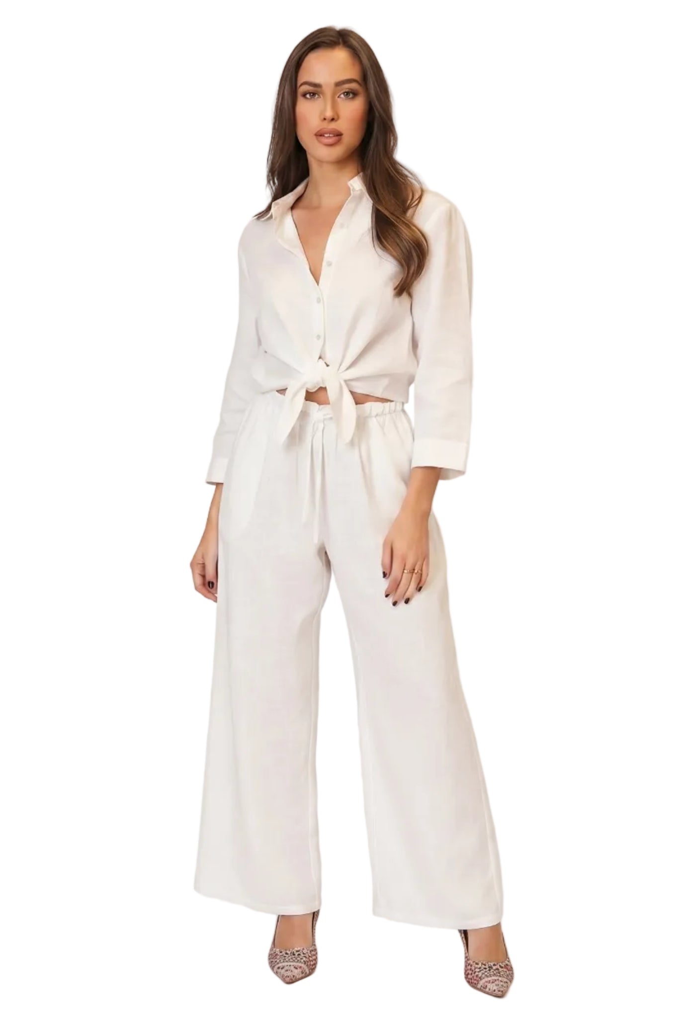 Completo Camicia Nodo Positano in Puro Lino Bianco