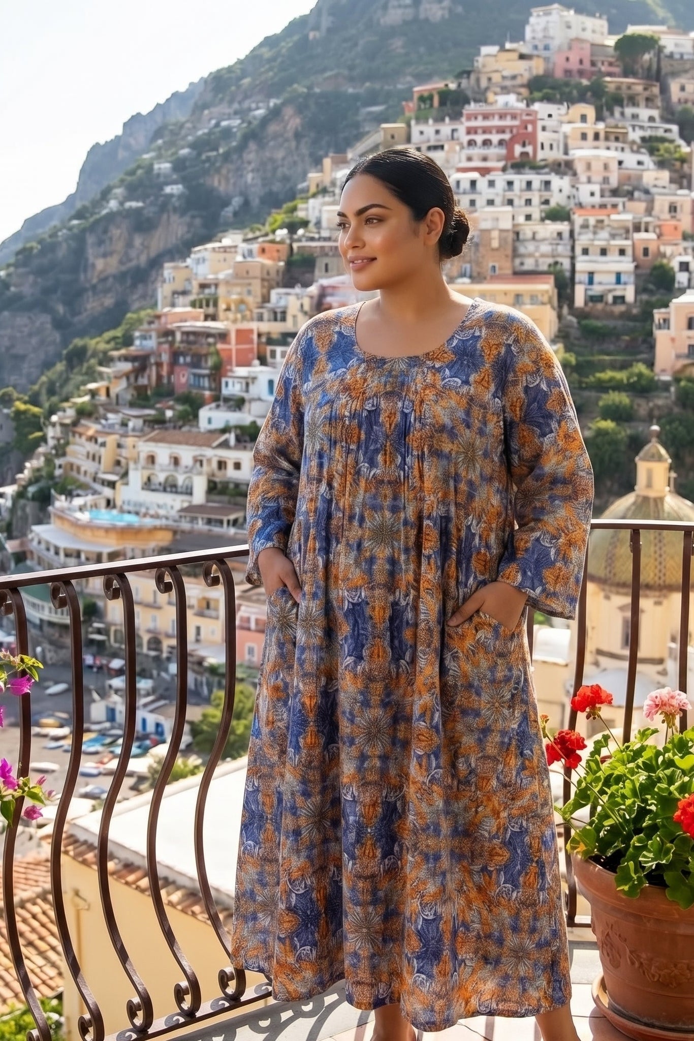 Camicione Positano Curvy con Stampa in Puro Lino