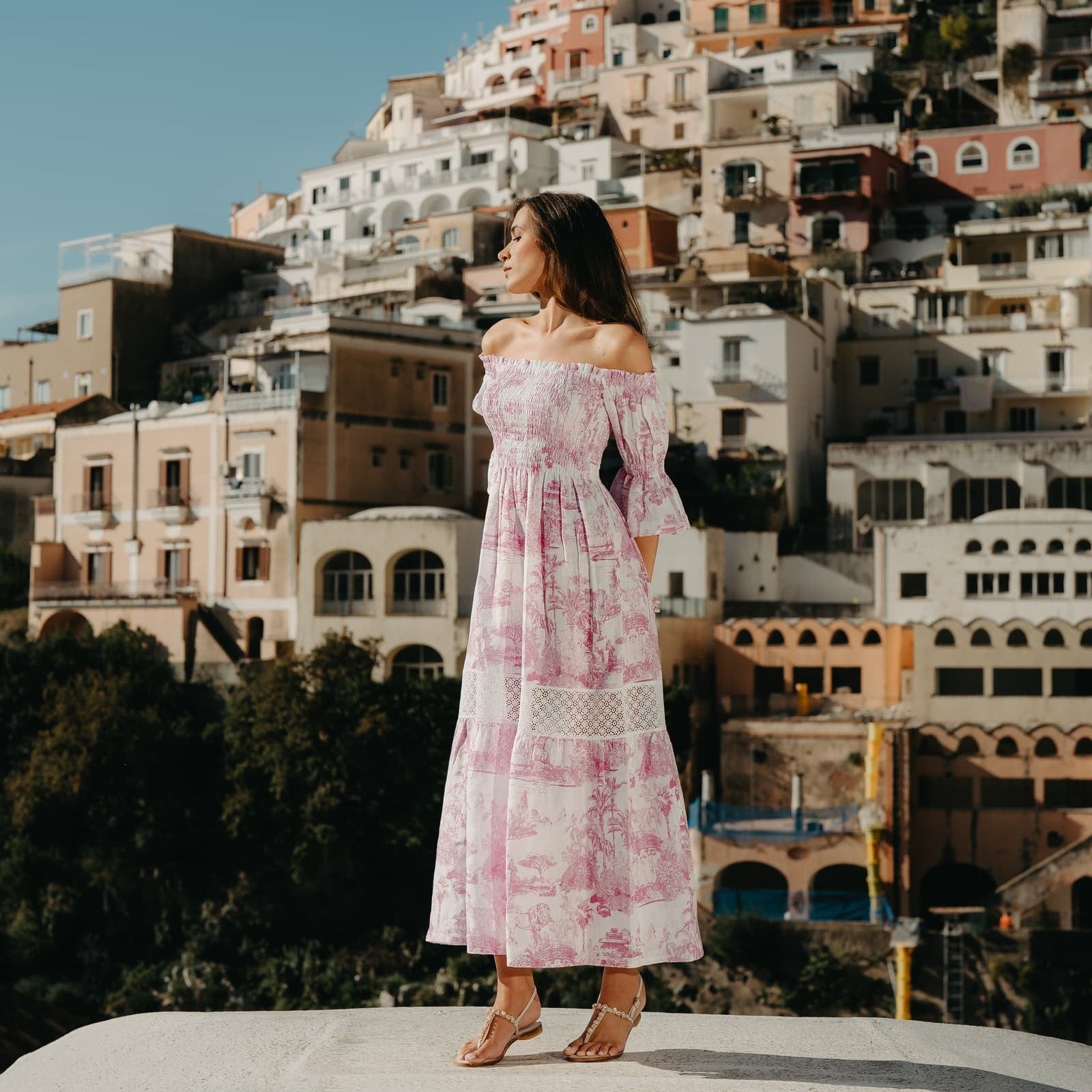Abito Positano Lungo in Puro Lino con Stampa Rosa Toile de Jouy (Taglia Unica)