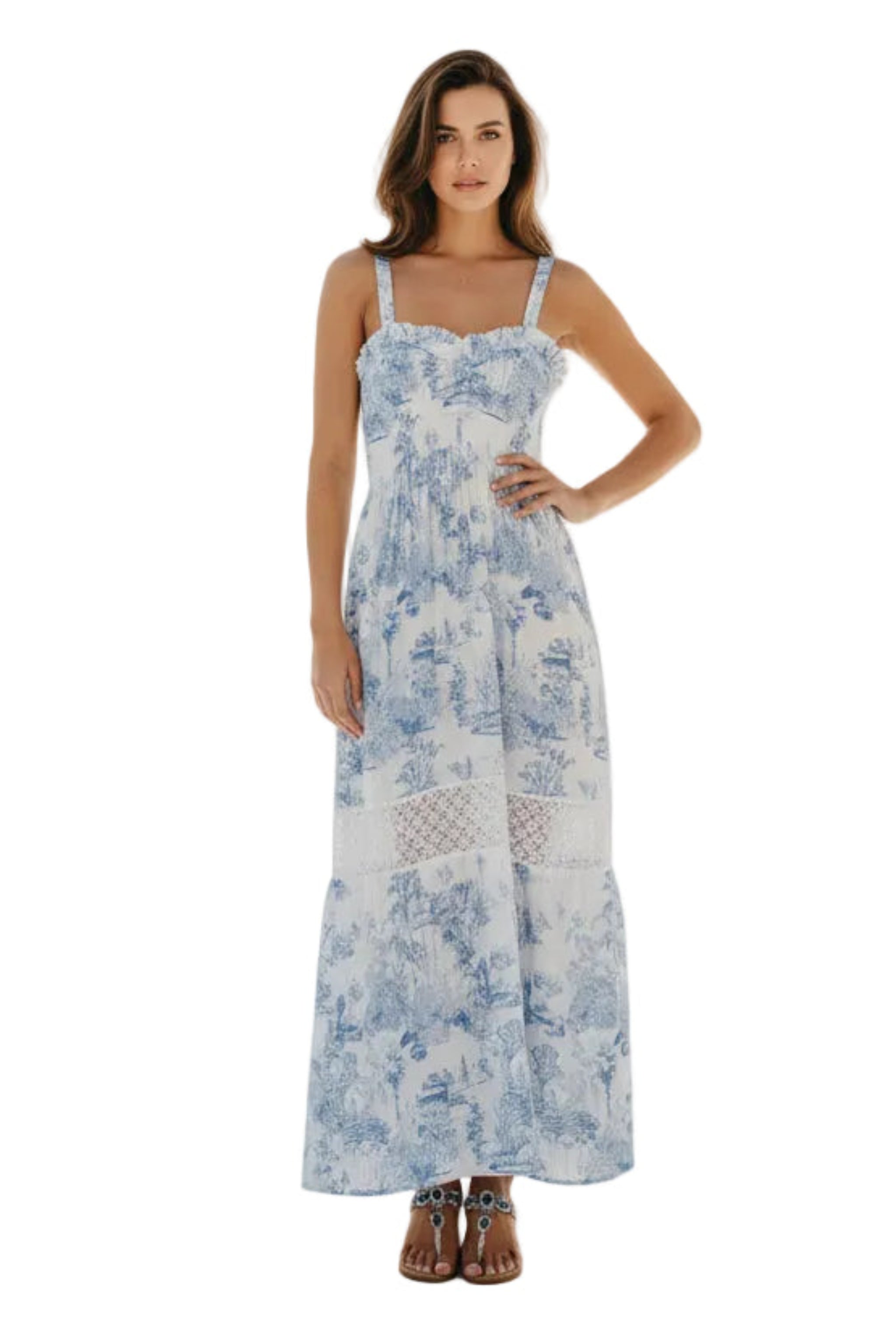 Abito Positano Lungo in Puro Lino con Stampa Blu Toile de Jouy