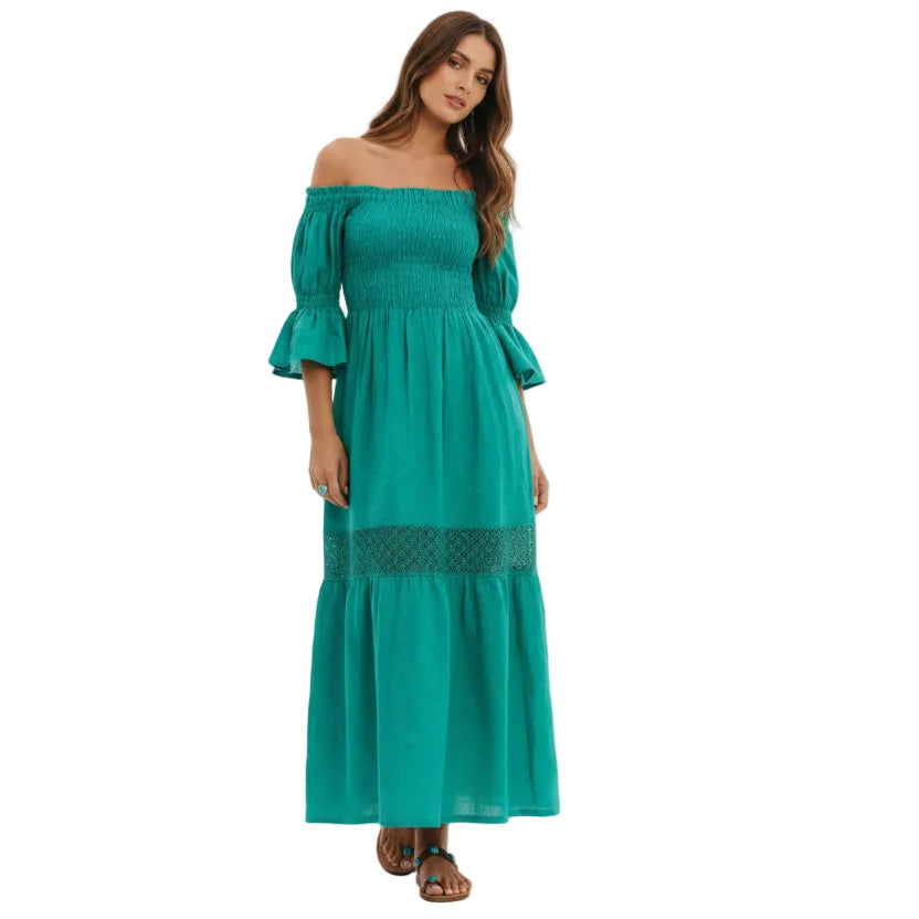 Abito Positano Lungo in Puro Lino Verde Smeraldo (Taglia Unica)