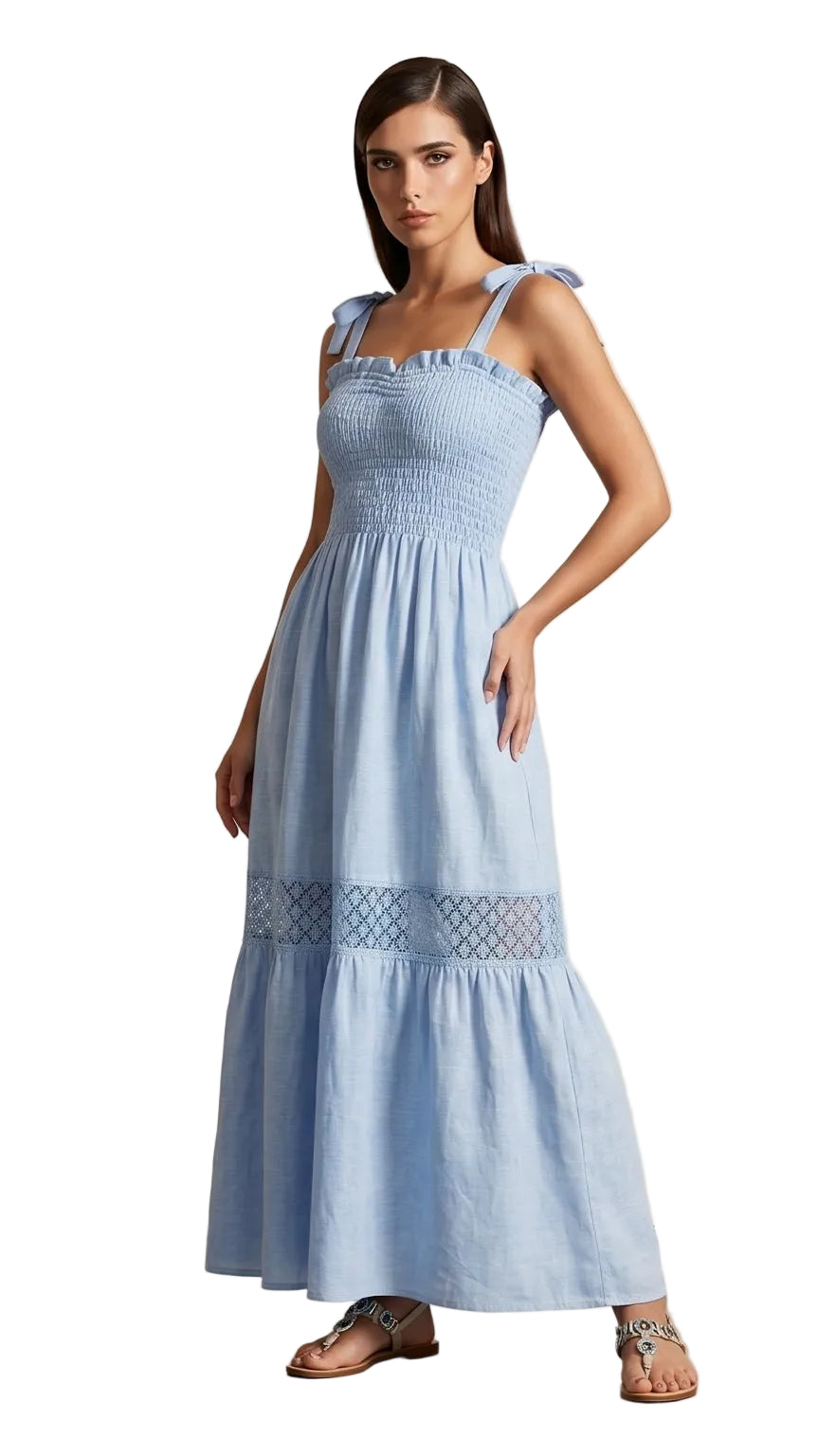 Long Positano Dress in Pure Linen with Blue Toile de Jouy Print