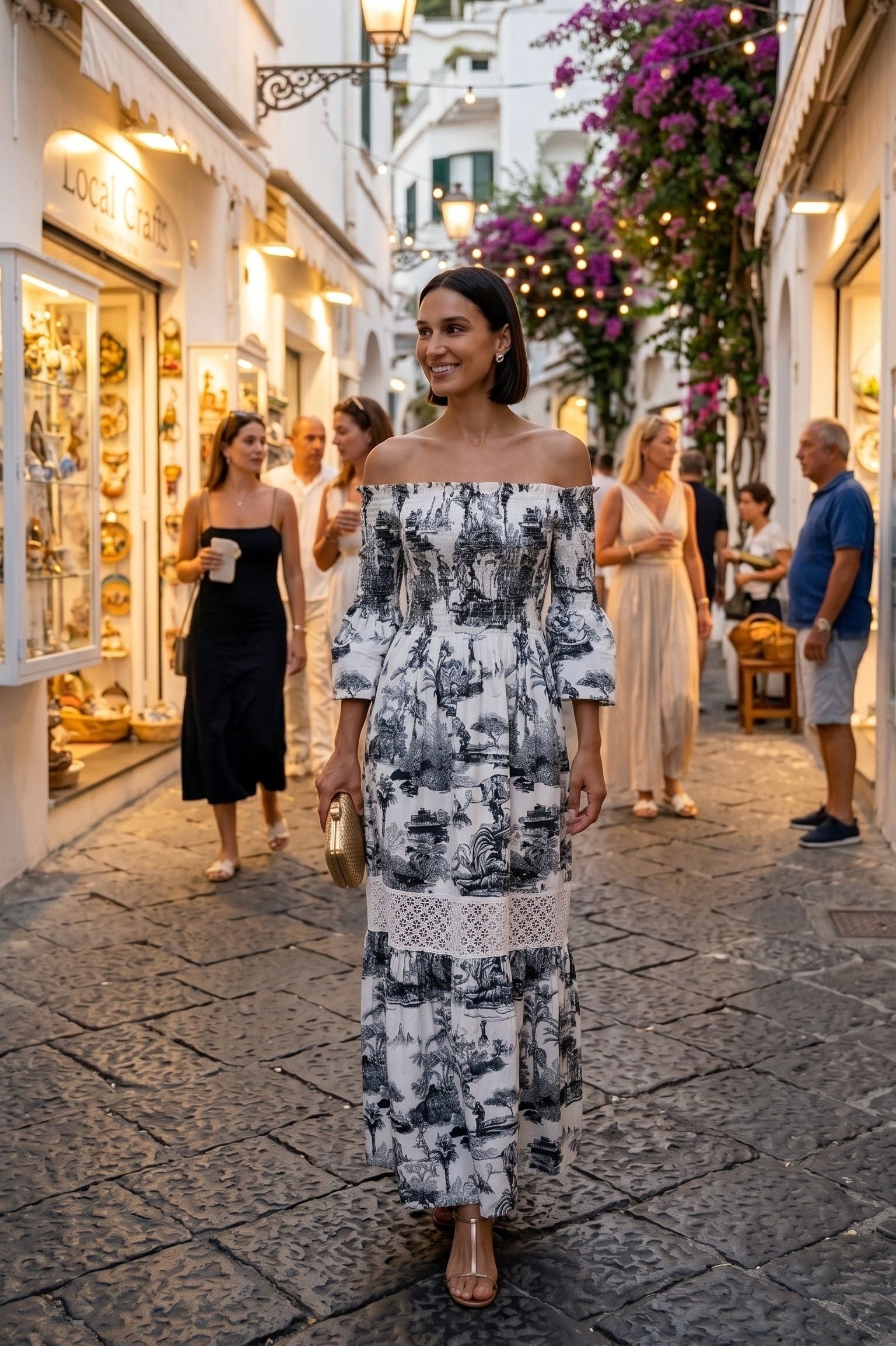 Abito Positano Lungo in Puro Lino con Stampa Nero Toile de Jouy e fascia Macramè