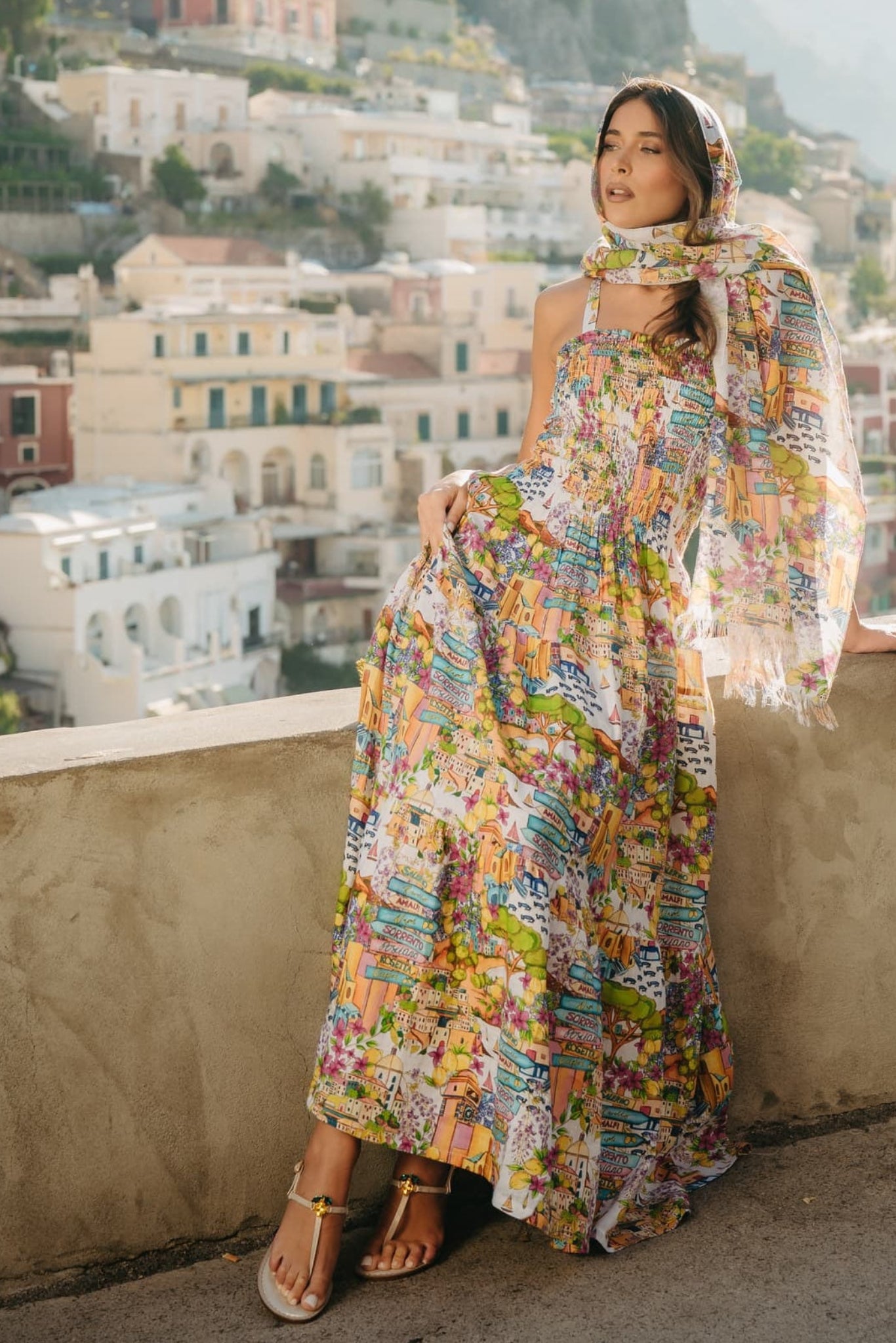 Abito Positano Lungo in Puro Lino Balzato con Stampa Costiera