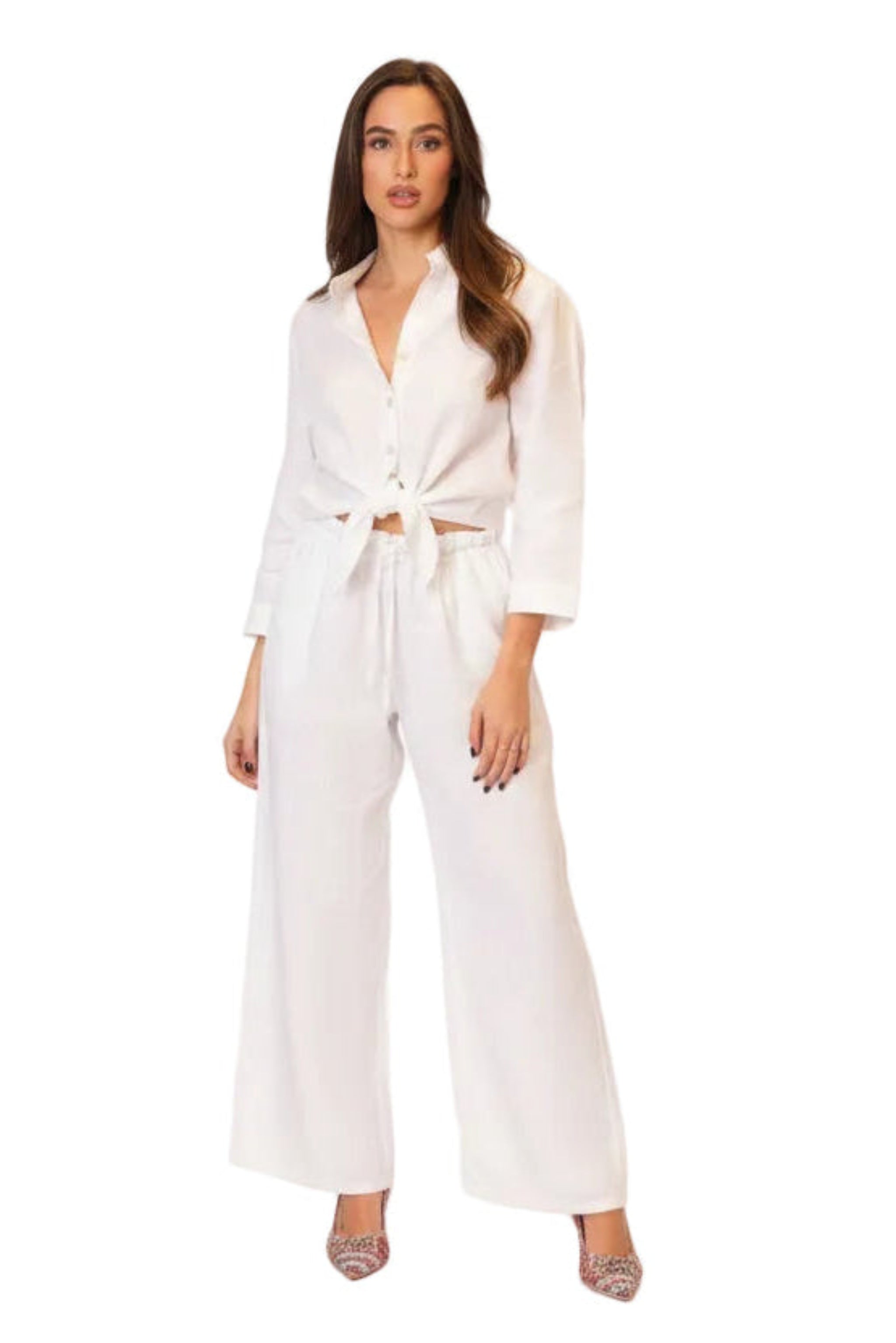 Completo Camicia Nodo Positano in Puro Lino Bianco