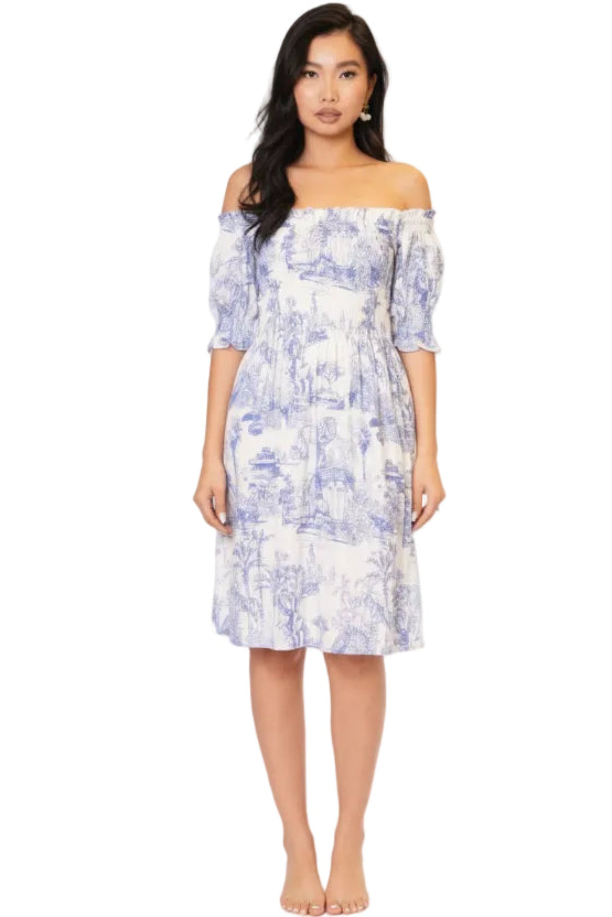 Abito Positano Corto in Puro Lino con Stampa Blu Toile de Jouy