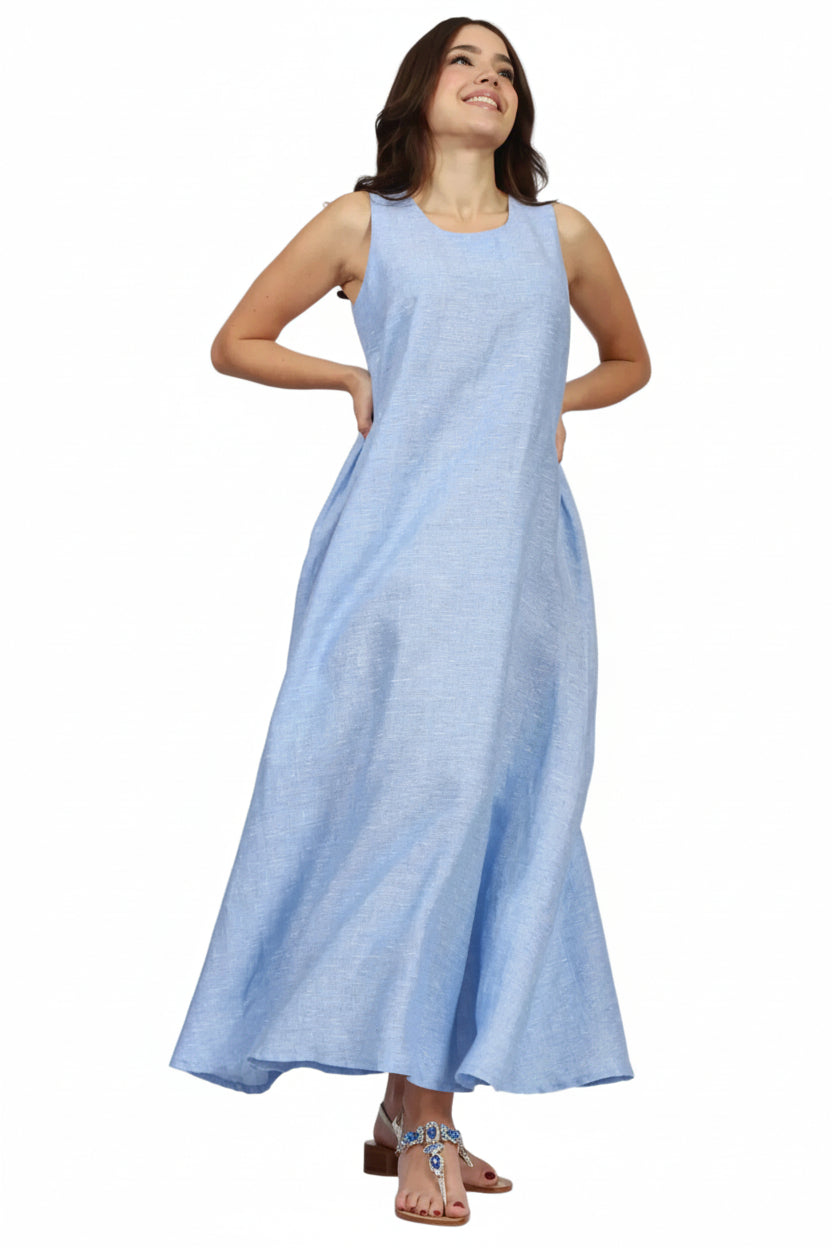 Abito Positano Marina Lungo in Puro Lino Celeste