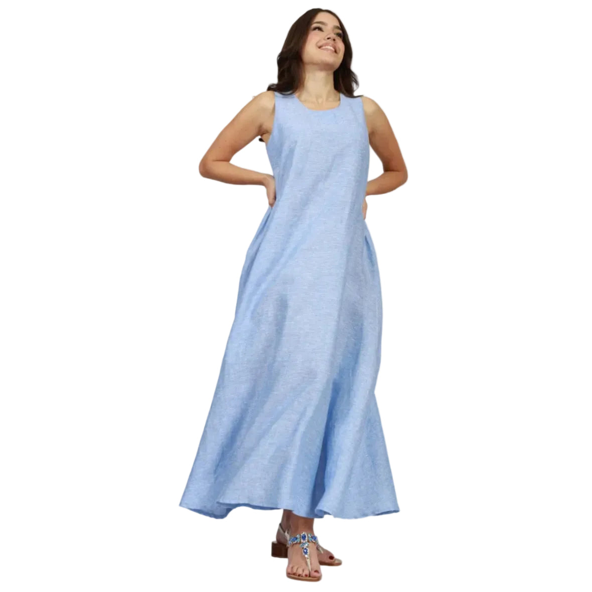 Abito Positano Marina Lungo in Puro Lino Celeste (Taglia Unica)