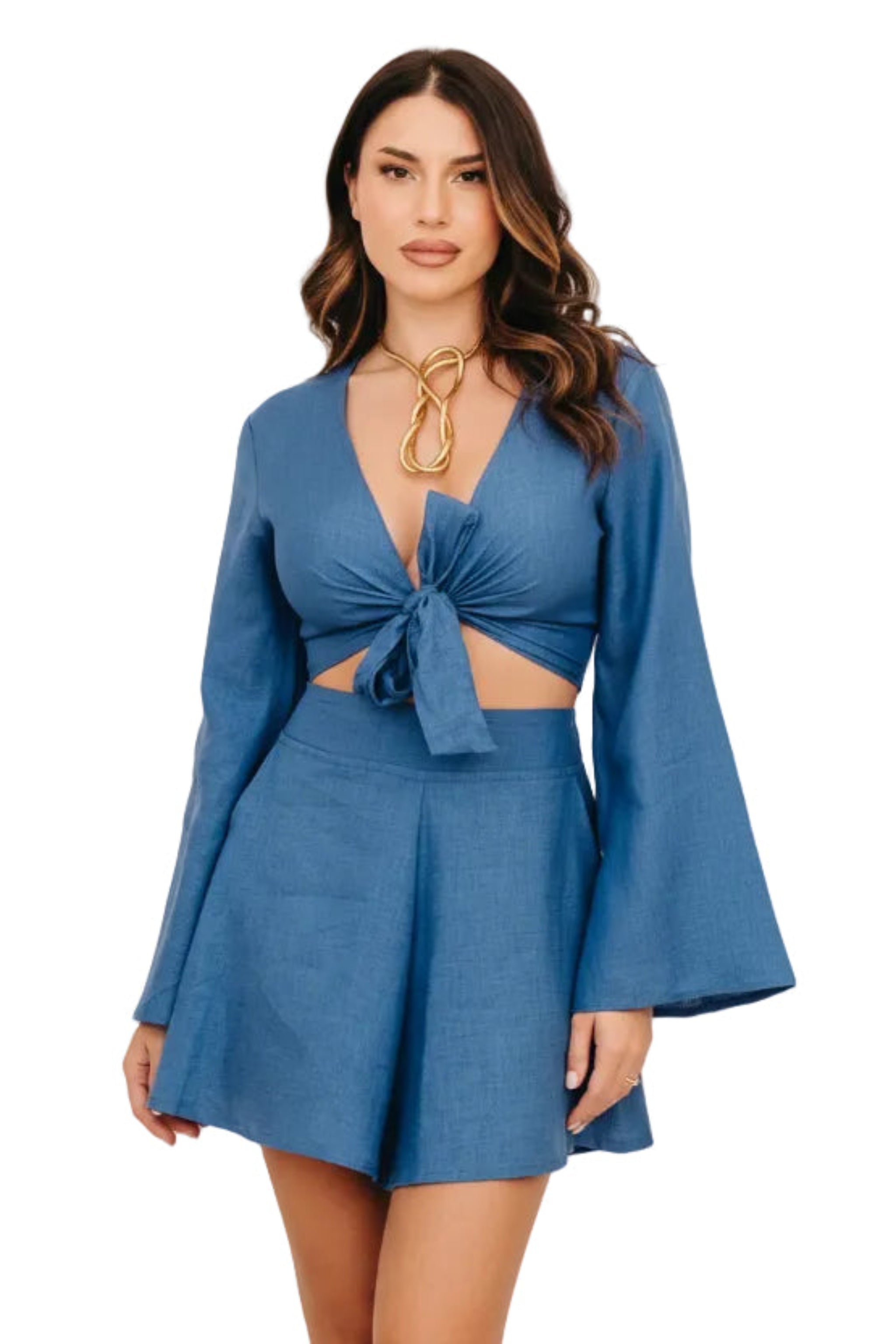 Completo Camicia Pantagonnellina Positano in Puro Lino Blue Royal