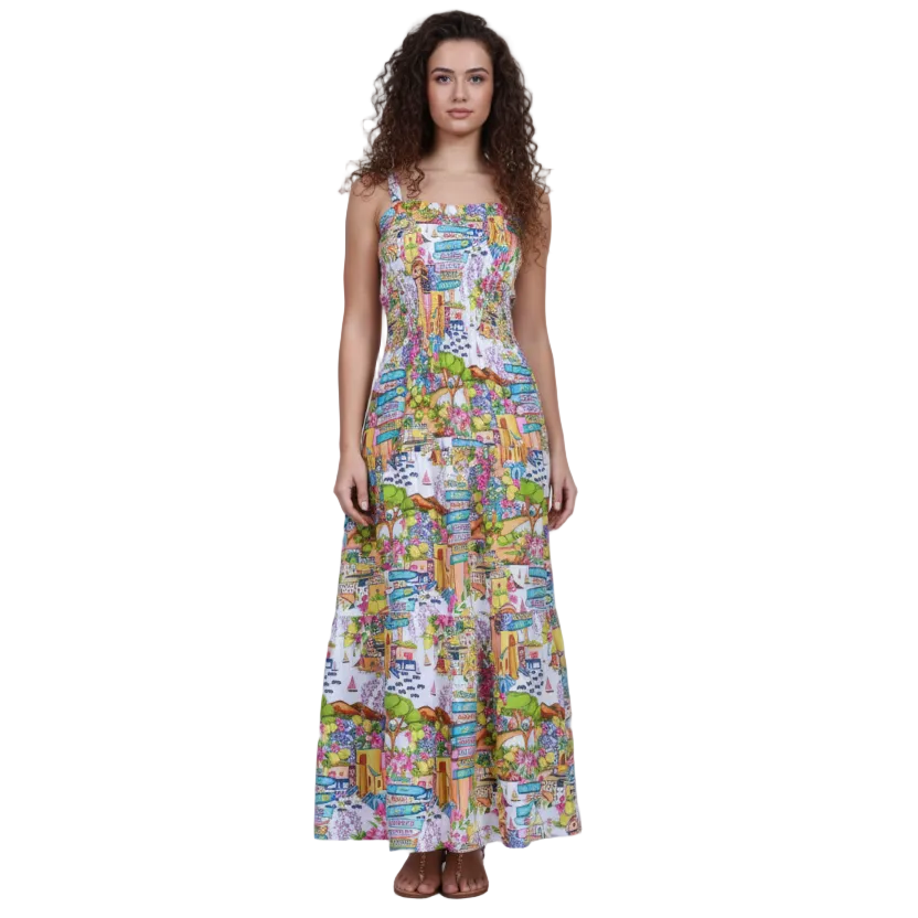 Abito Positano Lungo in Puro Lino Balzato con Stampa Costiera (Taglia Unica)