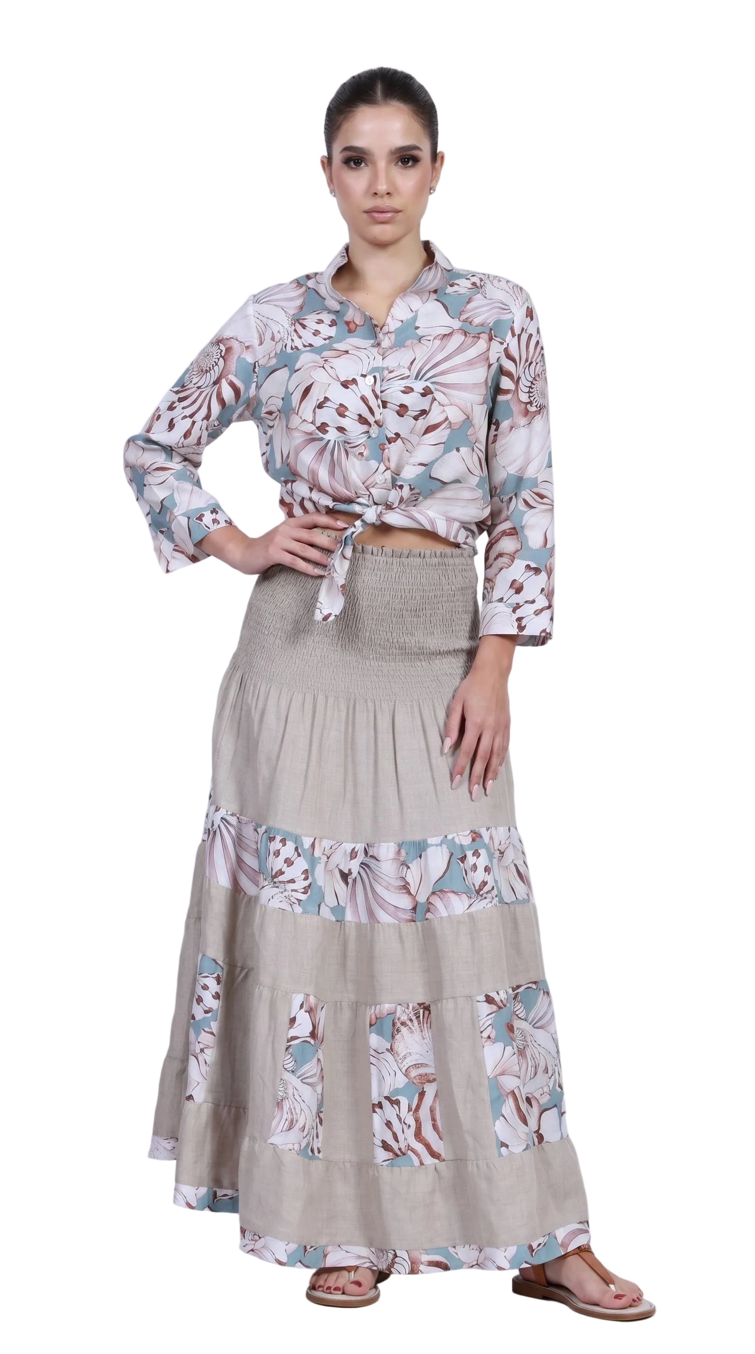 Completo Positano Camicia Gonna in Puro Lino Con Stampa Corallo
