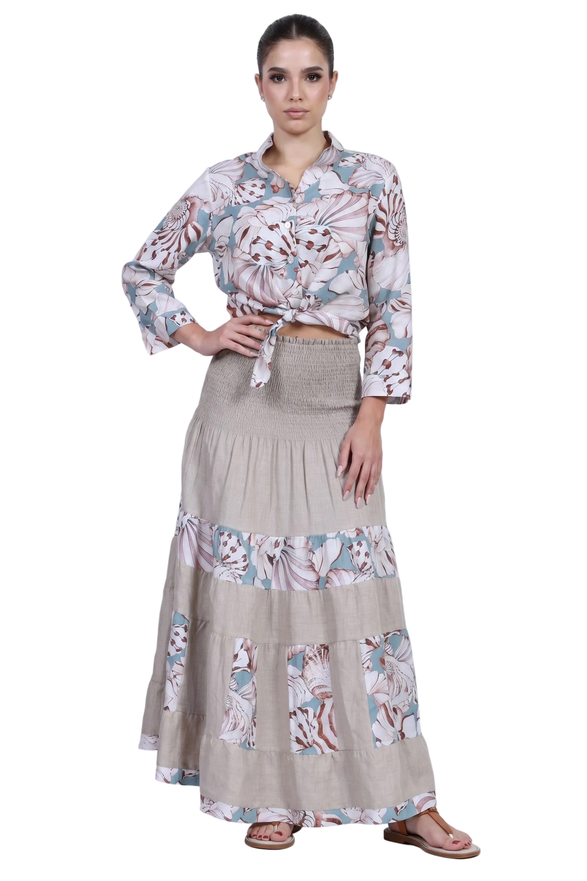 Completo Positano Camicia Gonna in Puro Lino con Stampa Corallo