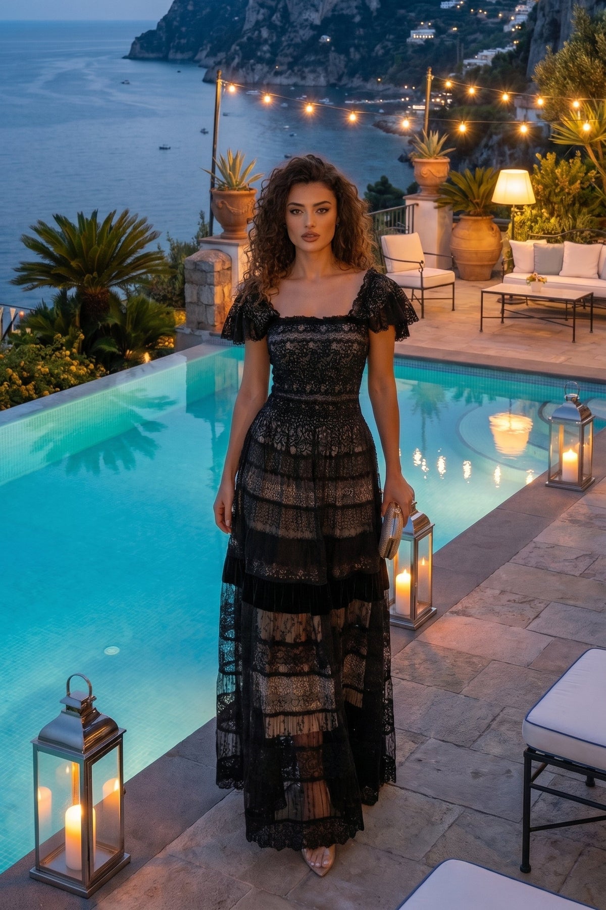 Abito Lungo Elegante Positano con Merletto Introvabile e Viscosa - Nanà Positano | Sandali Artigianali Positano Realizzati A Mano