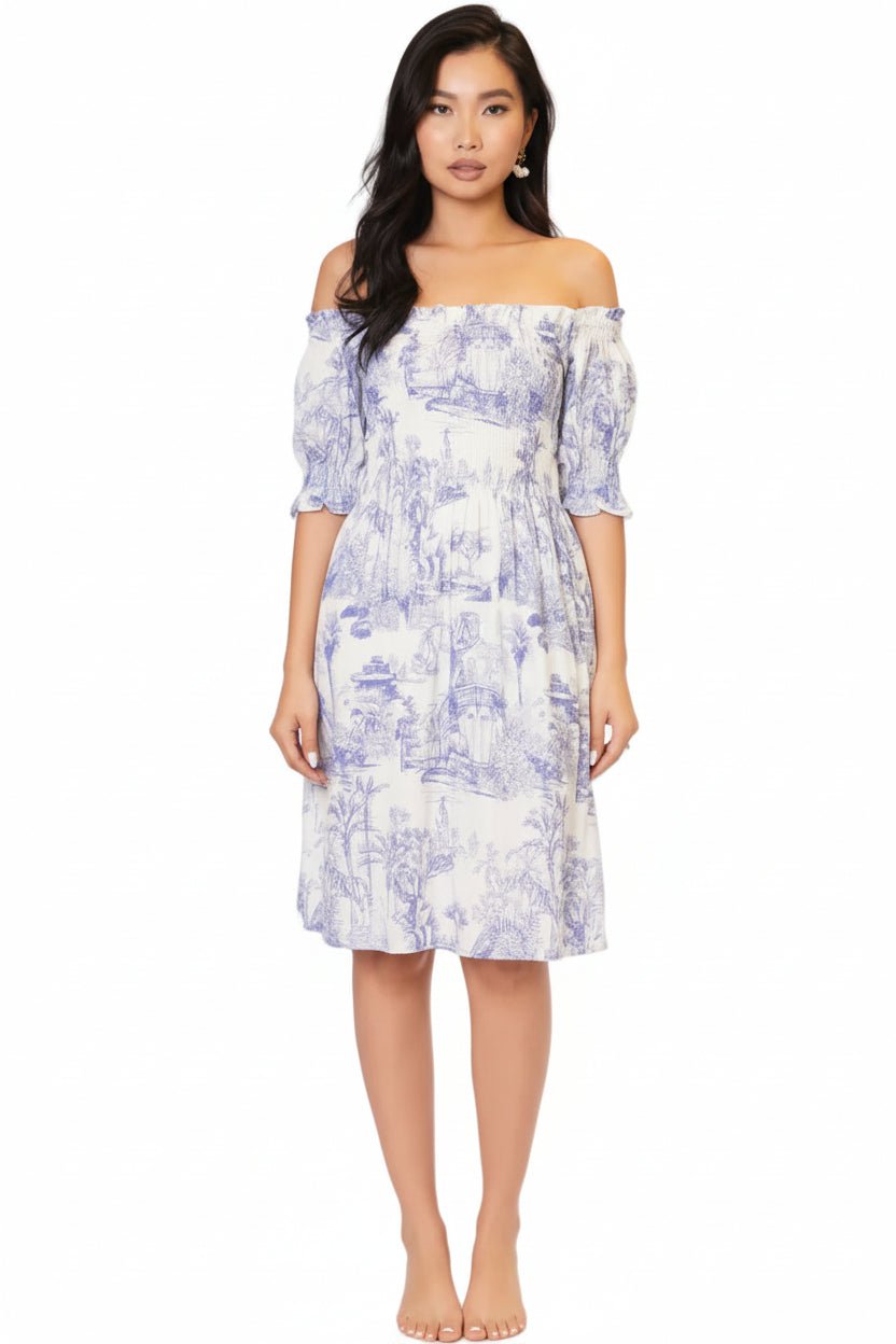 Abito Positano Corto in Puro Lino con Stampa Blu Toile de Jouy - Nanà Positano | Sandali Artigianali Made In Positano