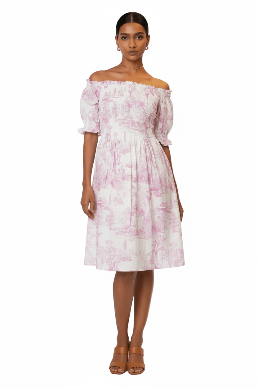 Abito Positano Corto in Puro Lino con Stampa Rosa Toile De Jouy - Nanà Positano | Sandali Artigianali Made In Positano