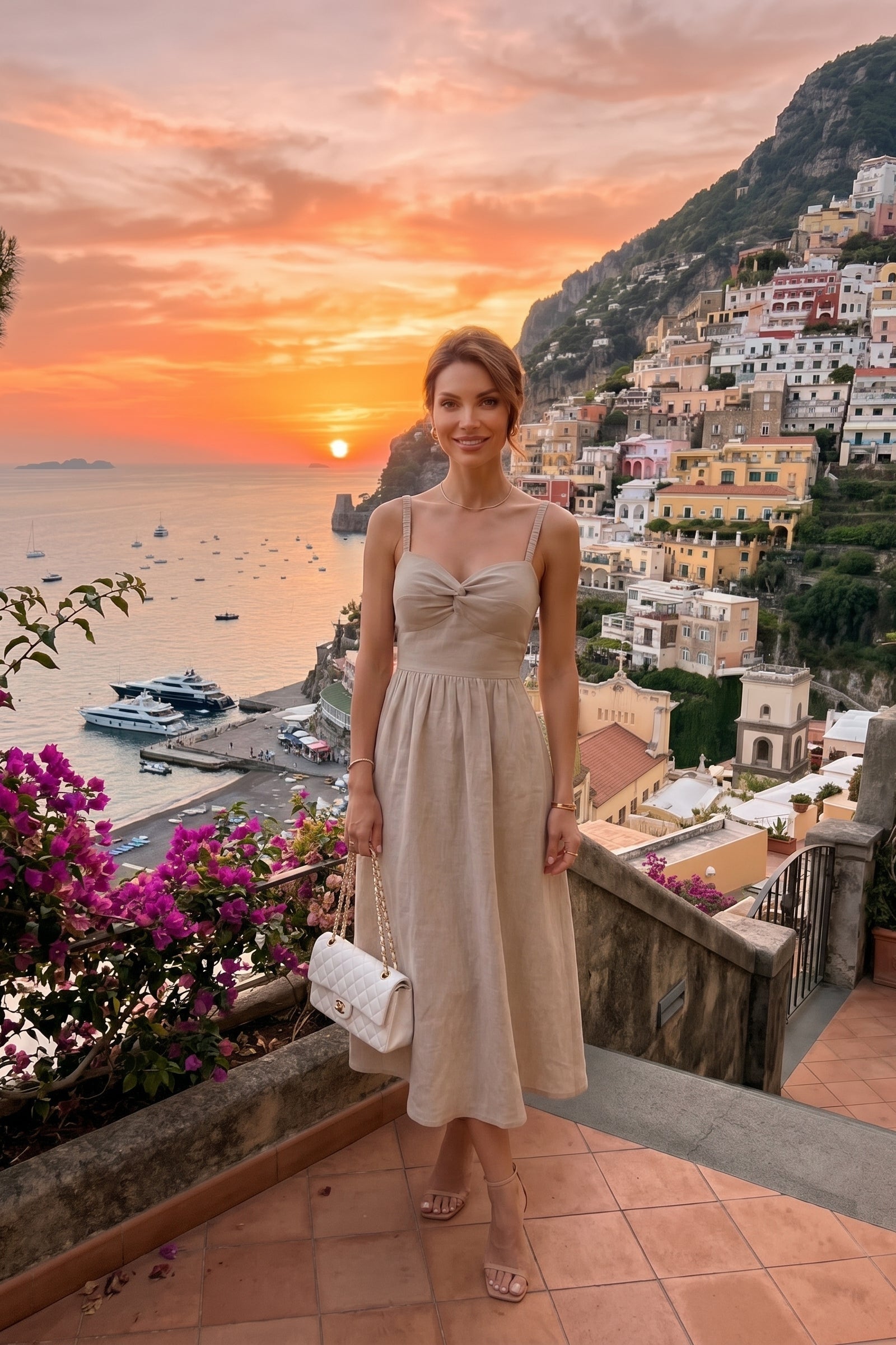 Abito Positano Lungo Audrey in Puro Lino Beige - Nanà Positano | Sandali Artigianali Positano Realizzati A Mano