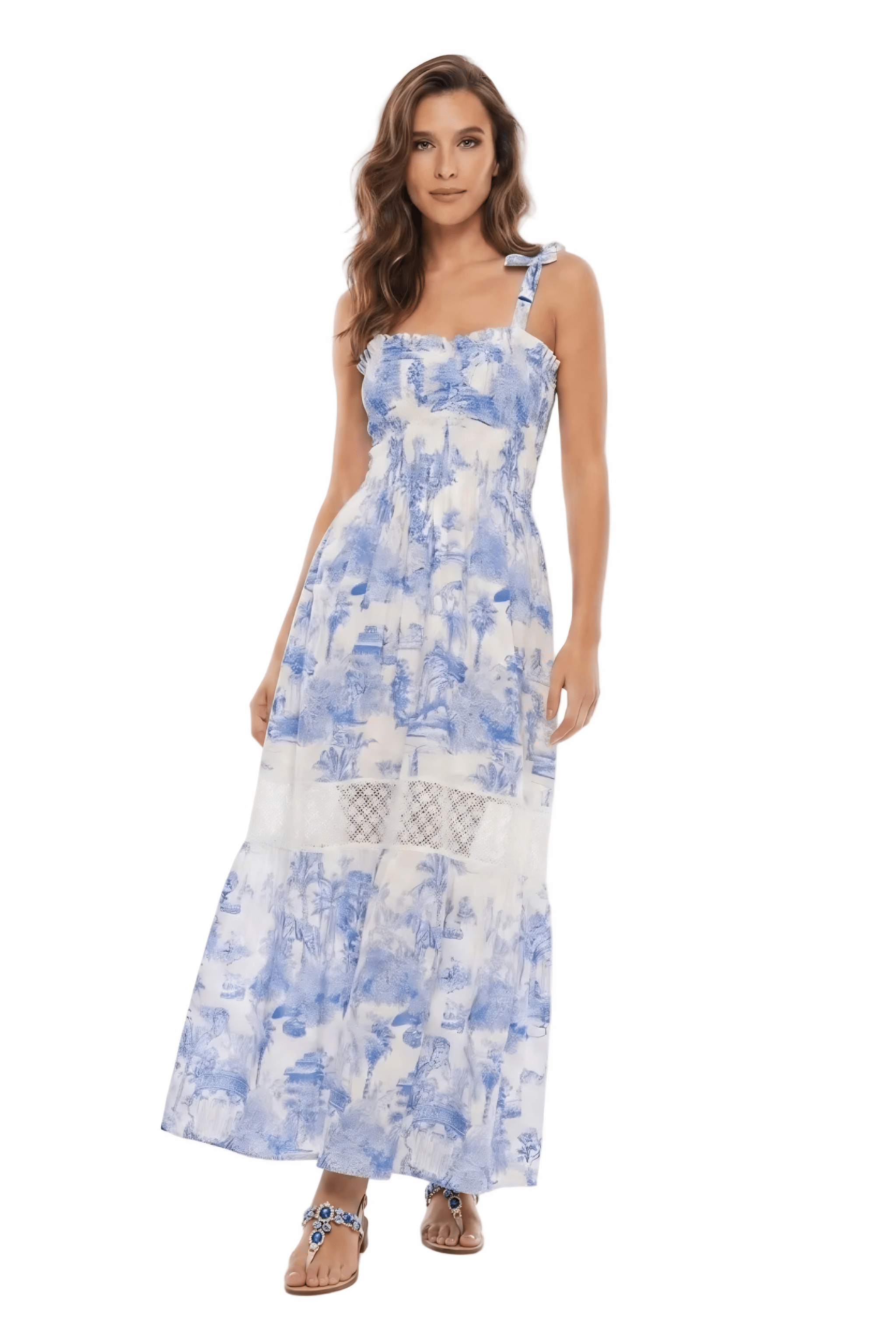 Abito Positano Lungo in Puro Lino con Stampa Blu Toile de Jouy e fascia Macrame’ - Nanà Positano
