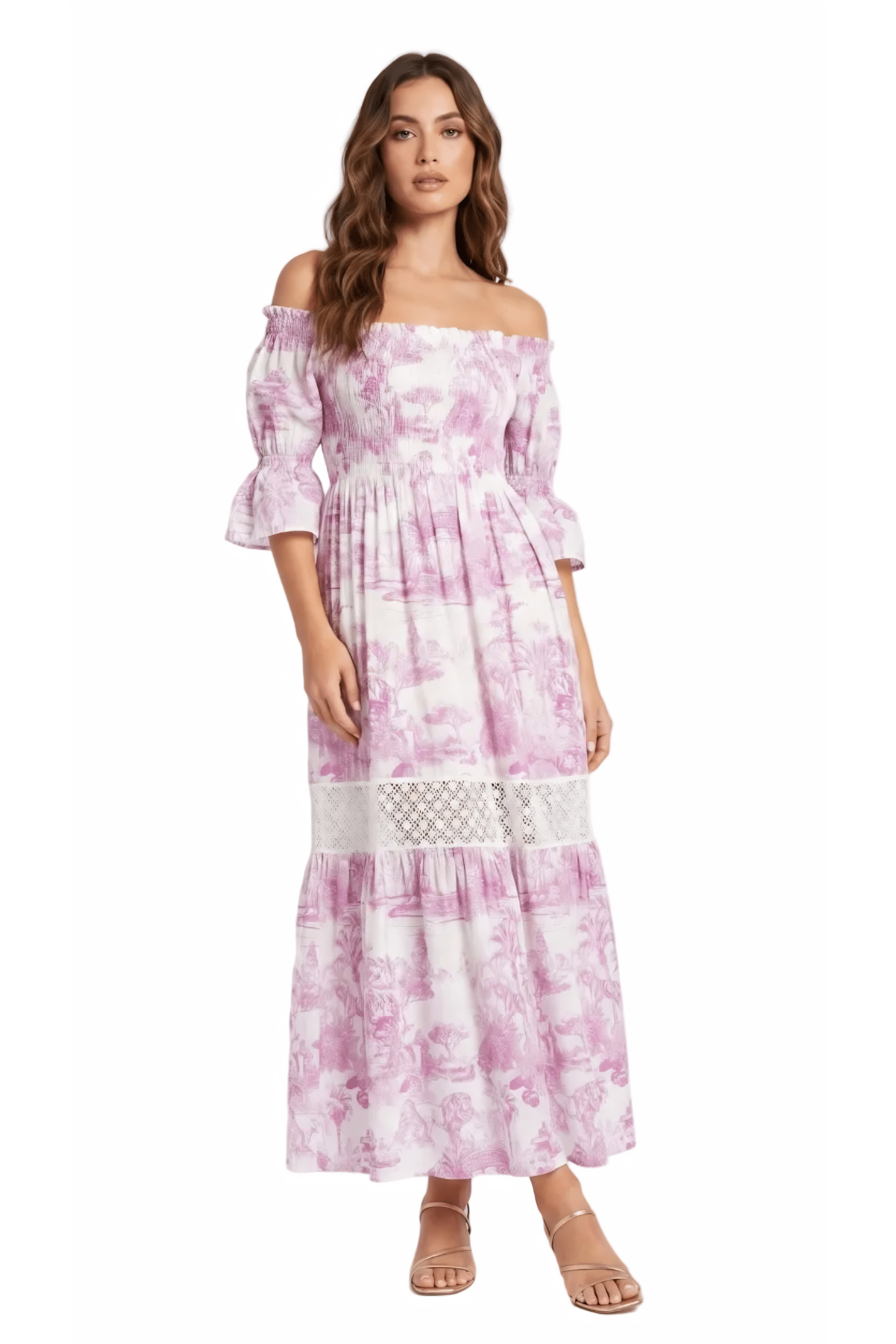 Abito Positano Lungo in Puro Lino con Stampa Rosa Toile de Jouy e fascia Macrame’ - Nanà Positano | Sandali Artigianali Positano Realizzati A Mano