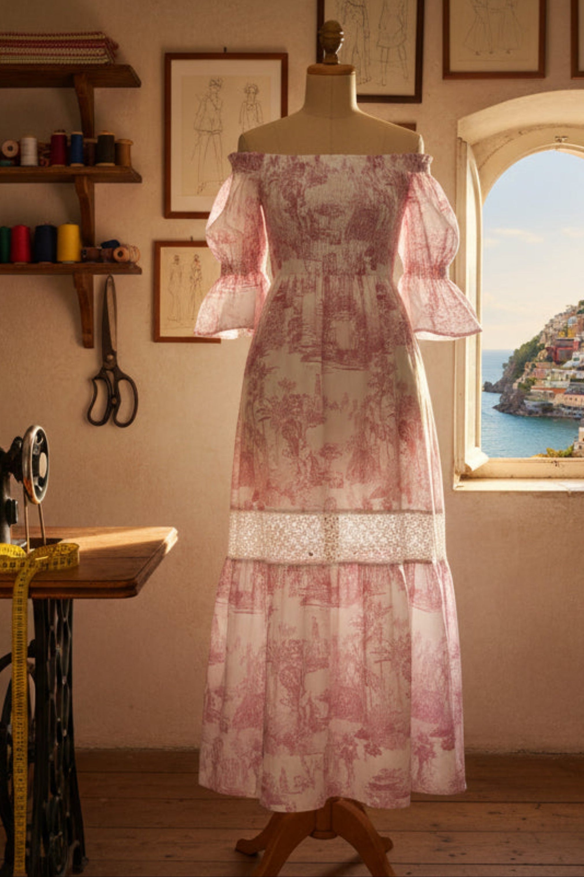 Abito Positano Lungo in Puro Lino con Stampa Rosa Toile de Jouy e fascia Macrame’ - Nanà Positano | Sandali Artigianali Positano Realizzati A Mano