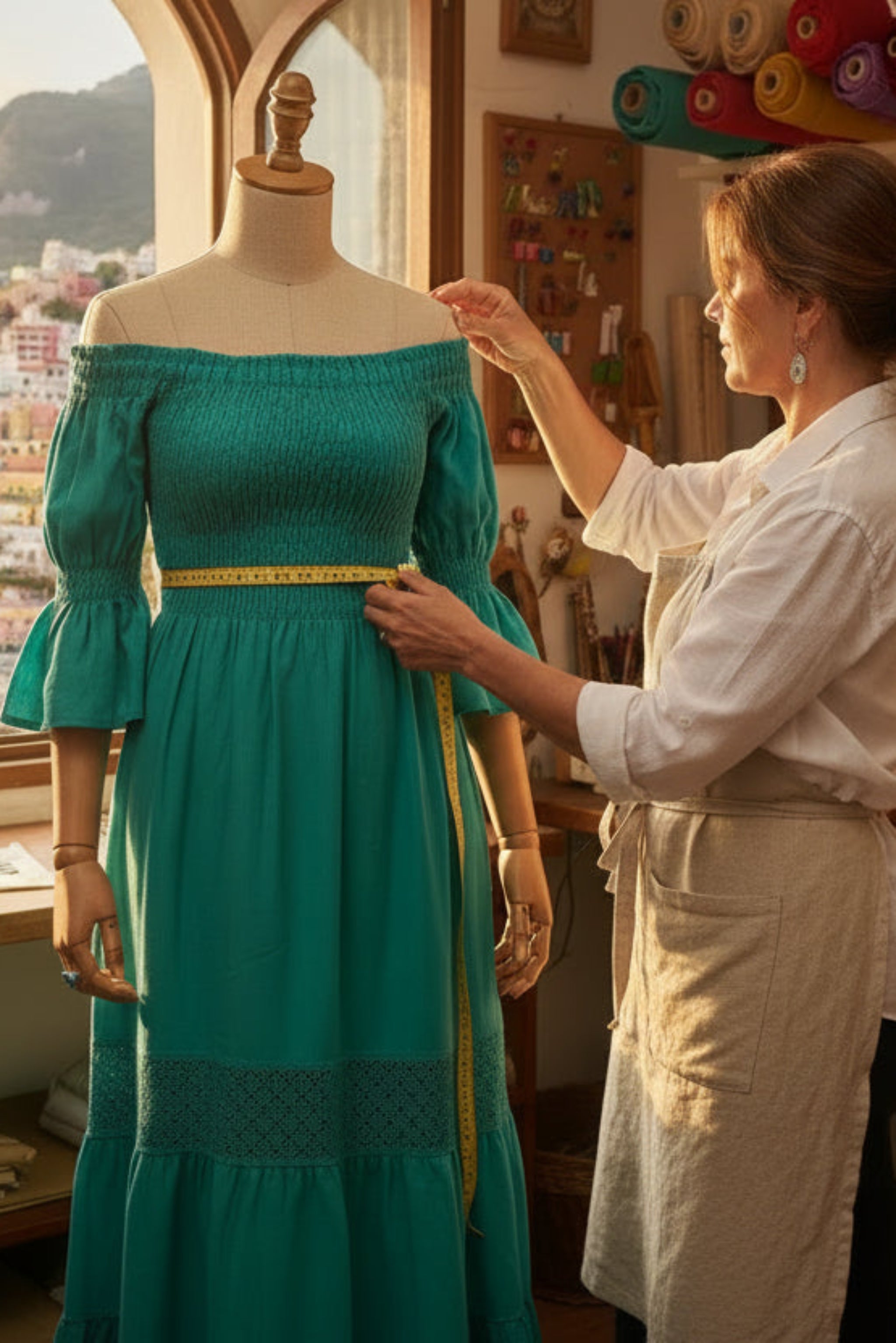Abito Positano Lungo in Puro Lino e fascia Macrame’ Verde Smeraldo - Nanà Positano | Sandali Artigianali Positano Realizzati A Mano