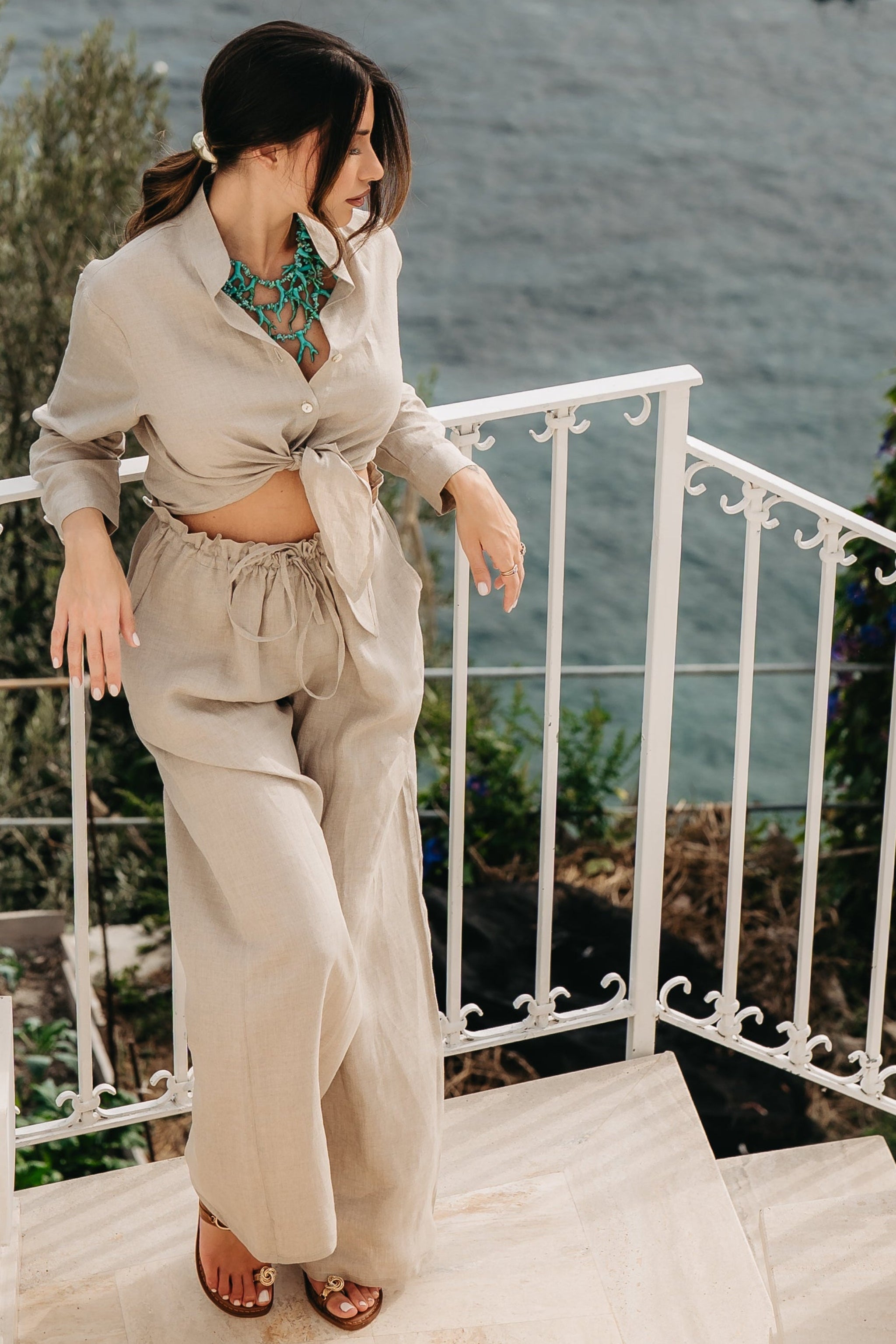 Completo Camicia Nodo Positano in Puro Lino Corda - Nanà Positano