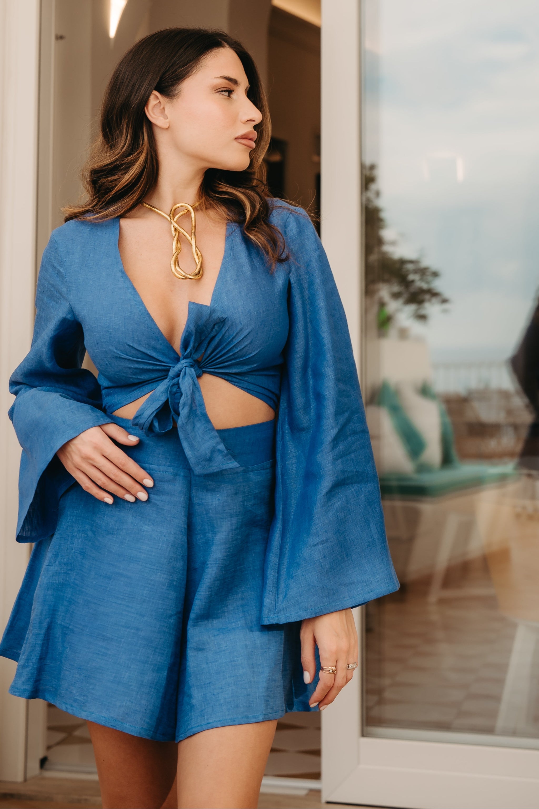 Completo Camicia Pantagonnellina Positano in Puro Lino Blue Royal