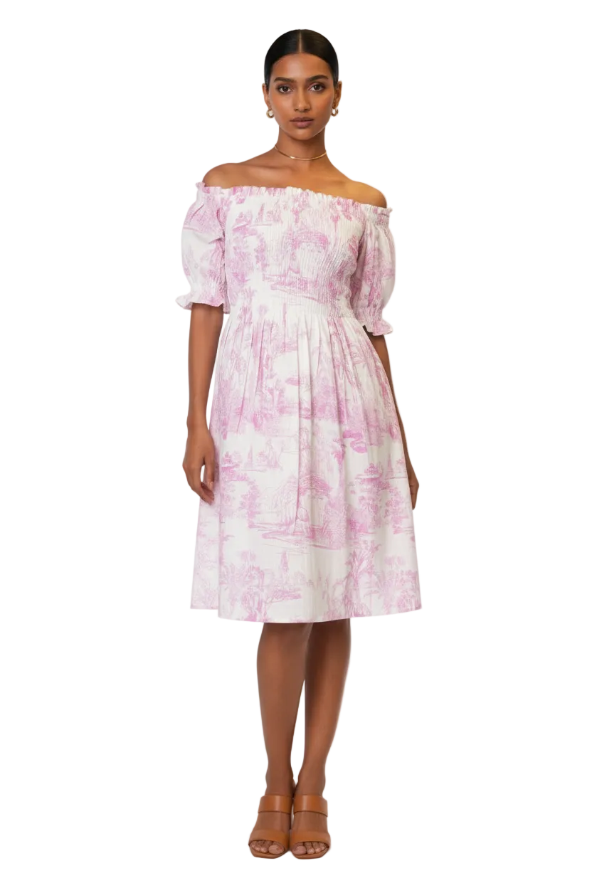 Abito Positano Corto in Puro Lino con Stampa Rosa Toile De Jouy (Taglia Unica)