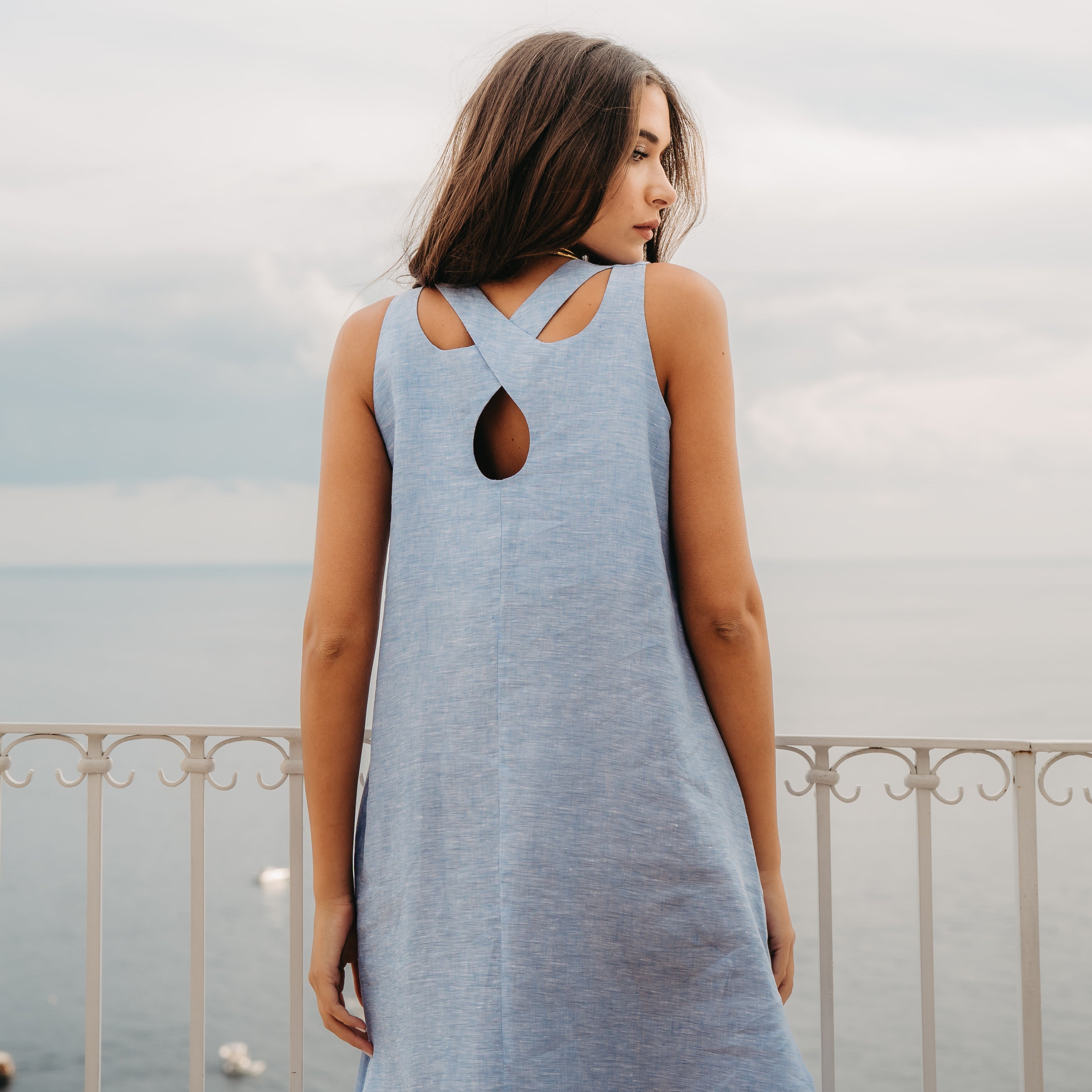 Abito Positano Marina Lungo in Puro Lino Celeste  (Taglia Unica)