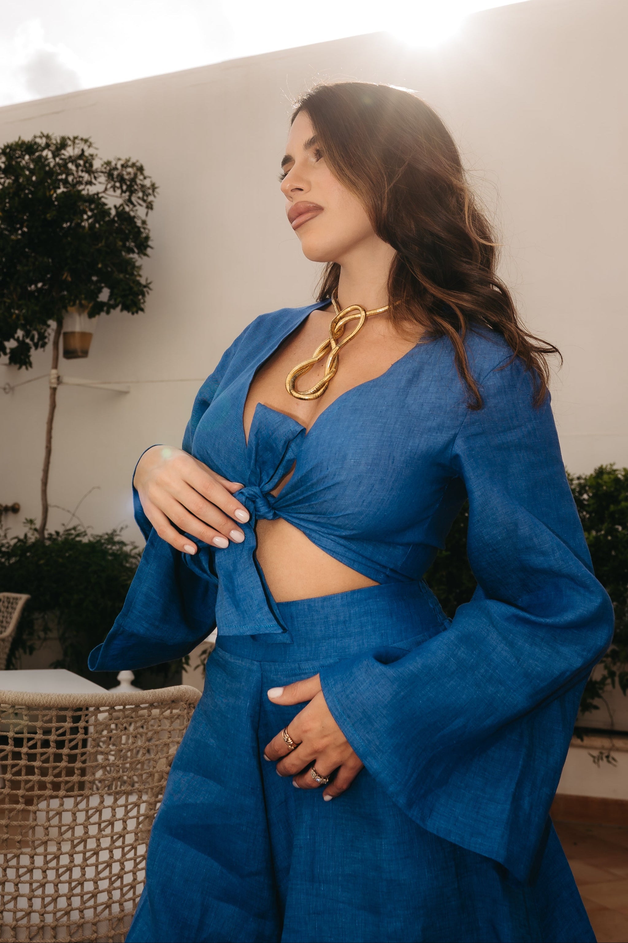 Completo Camicia Pantagonnellina Positano in Puro Lino Blue Royal