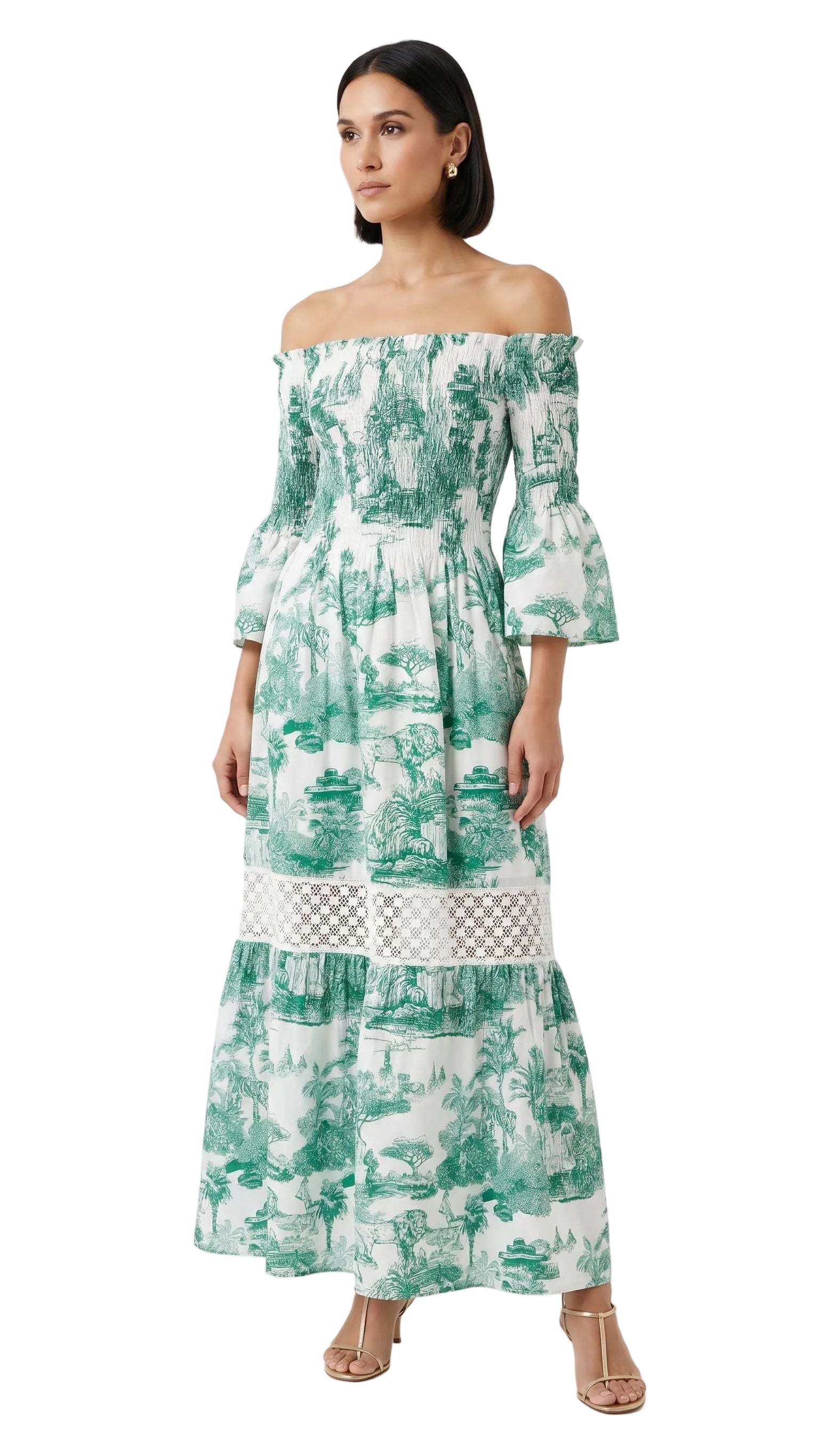 Abito Positano Lungo in Puro Lino con Stampa Verde Toile de Jouy