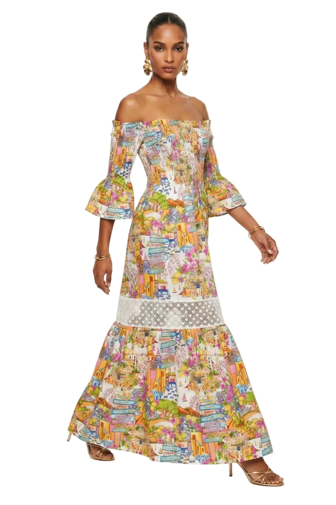 Positano Long Dress in Pure Linen with Coastal Print 