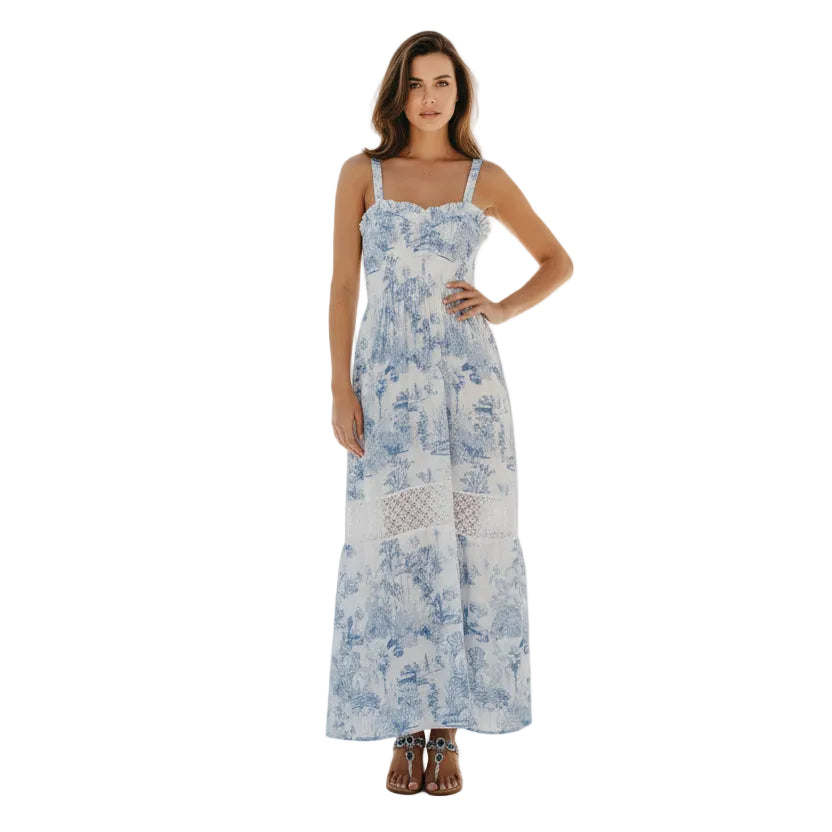 Abito Positano Lungo in Puro Lino con Stampa Blu Toile de Jouy (Taglia Unica)