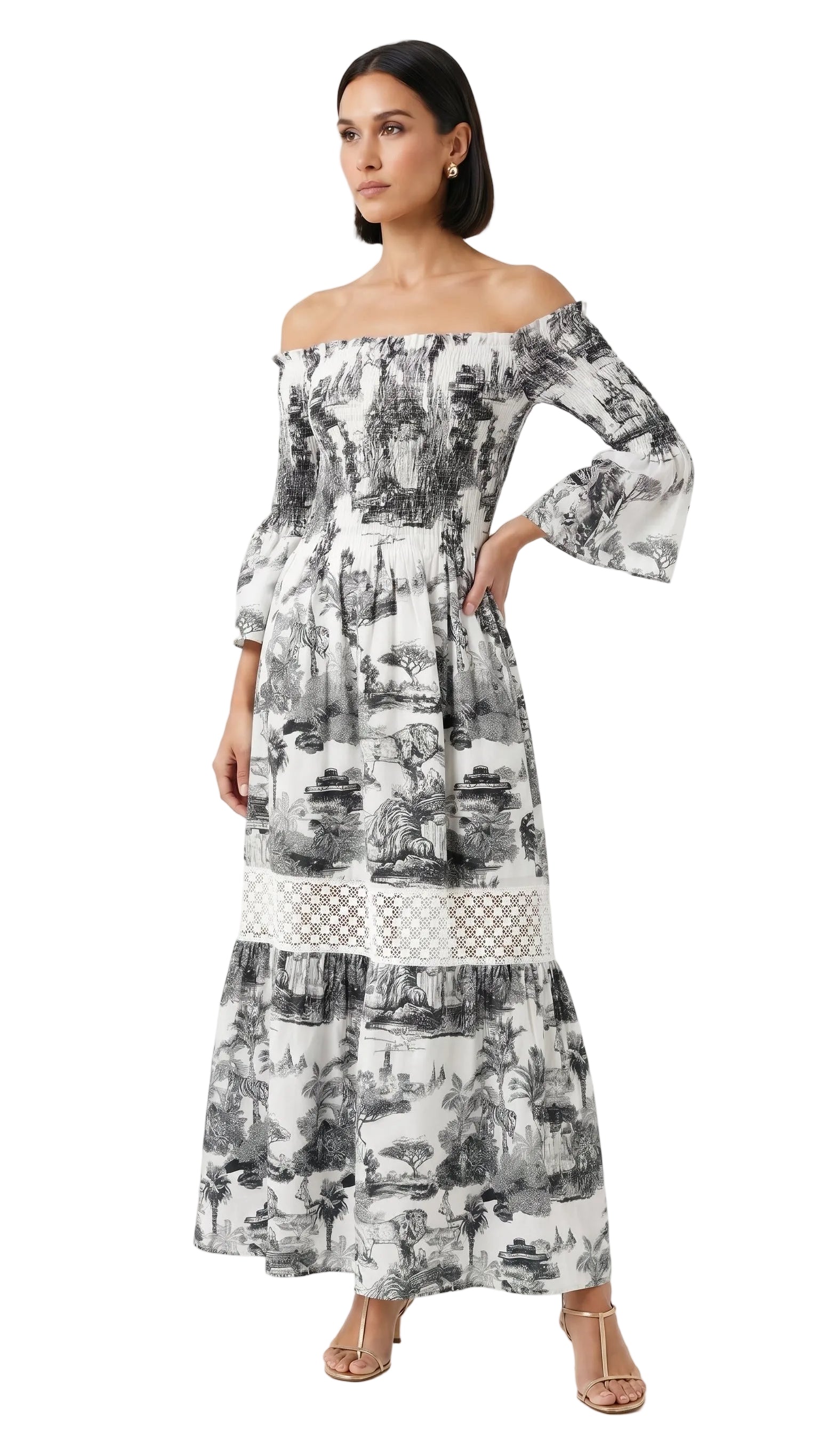 Abito Positano Lungo in Puro Lino con Stampa Nero Toile de Jouy