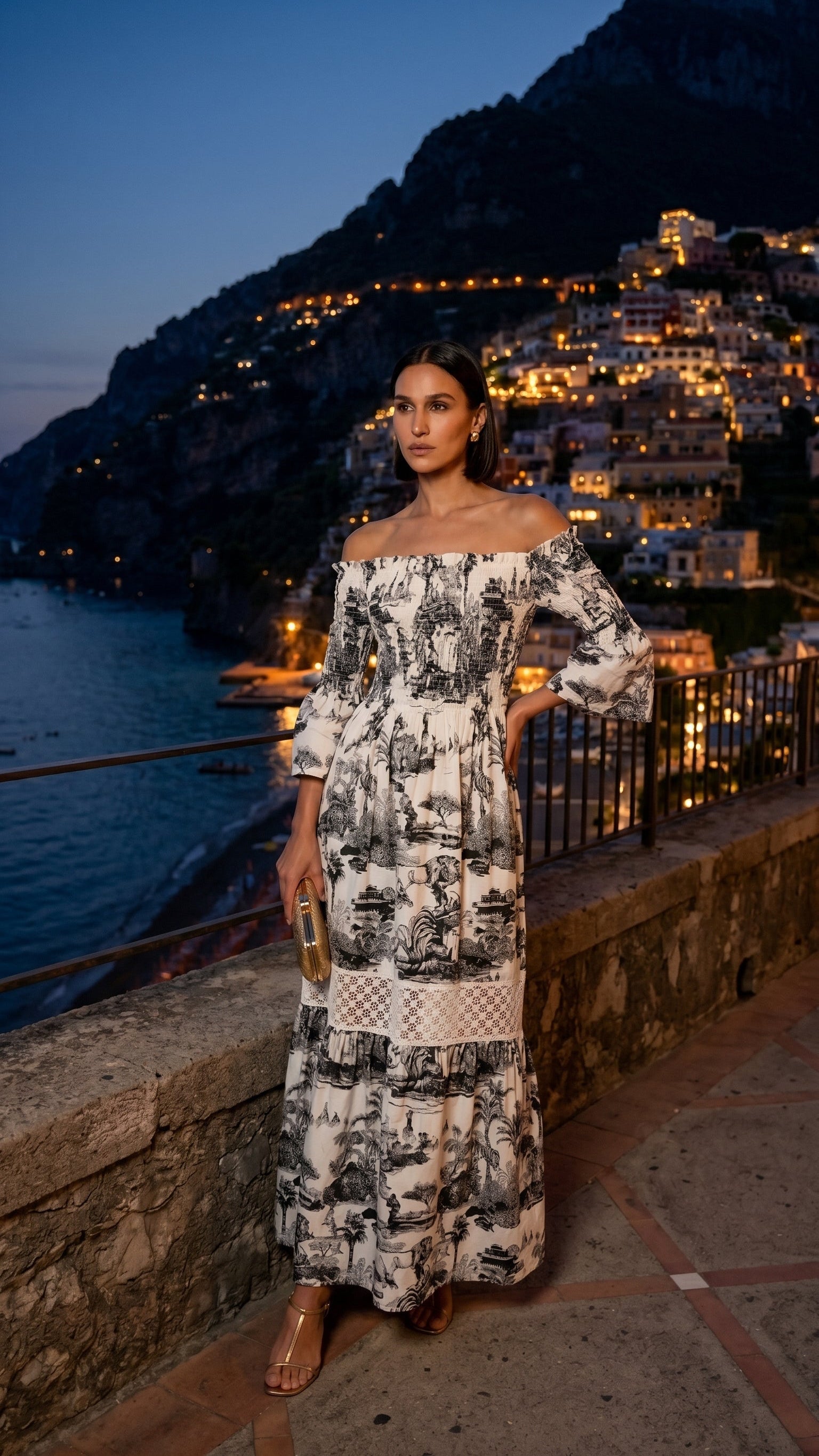 Abito Positano Lungo in Puro Lino con Stampa Nero Toile de Jouy