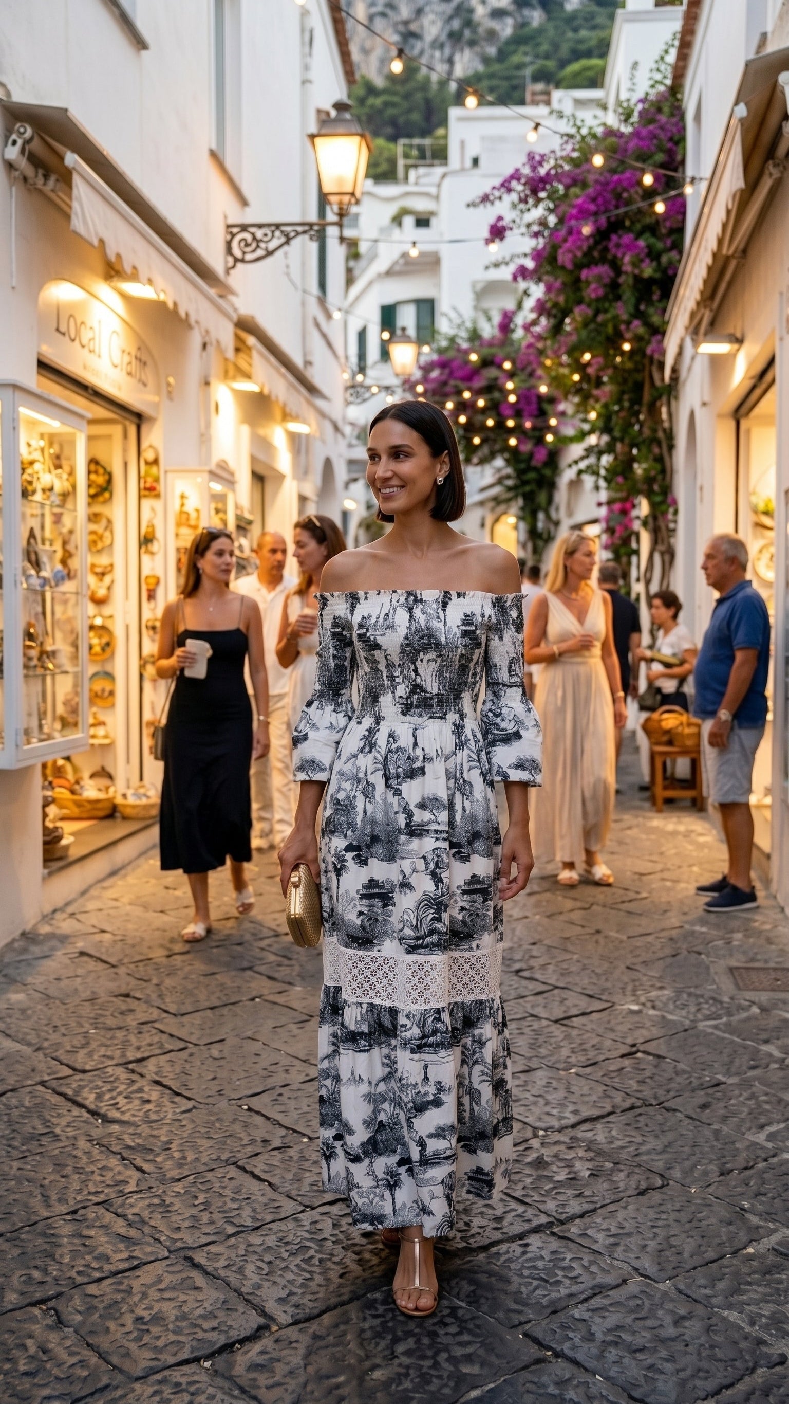 Abito Positano Lungo in Puro Lino con Stampa Nero Toile de Jouy