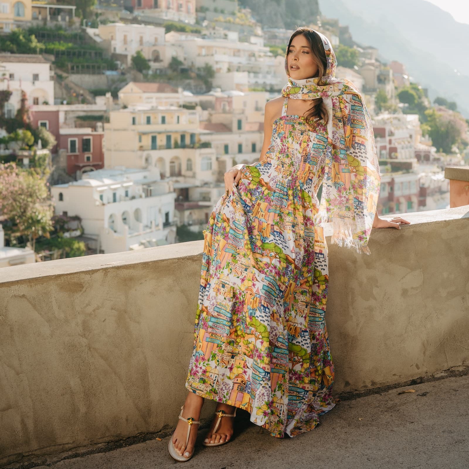 Abito Positano Lungo in Puro Lino Balzato con Stampa Costiera (Taglia Unica)