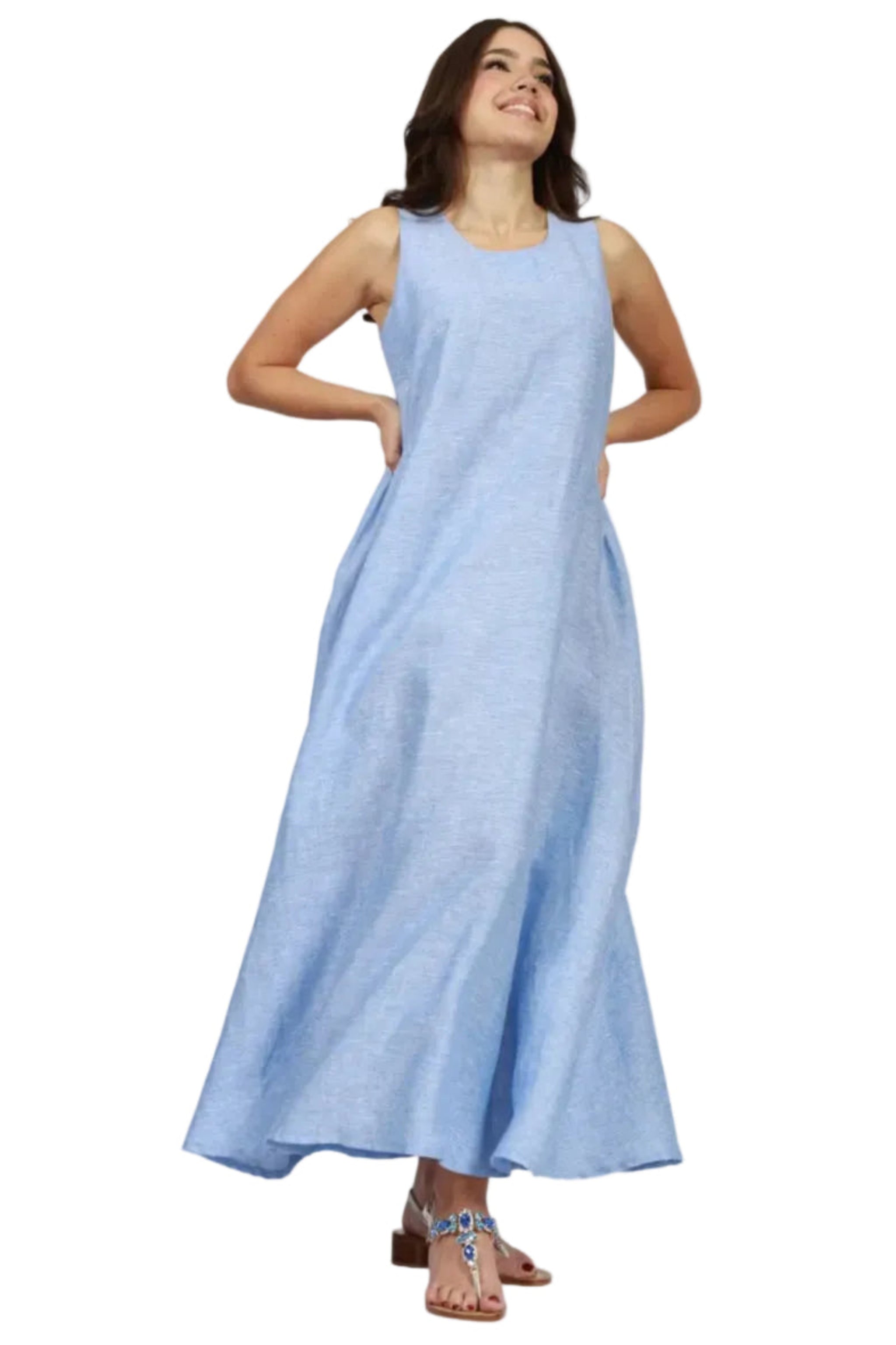Abito Positano Marina Lungo in Puro Lino Celeste
