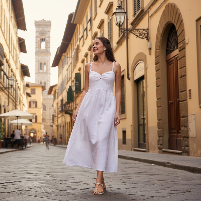 Abito Positano Lungo Audrey in Puro Lino Bianco (Taglia Unica)