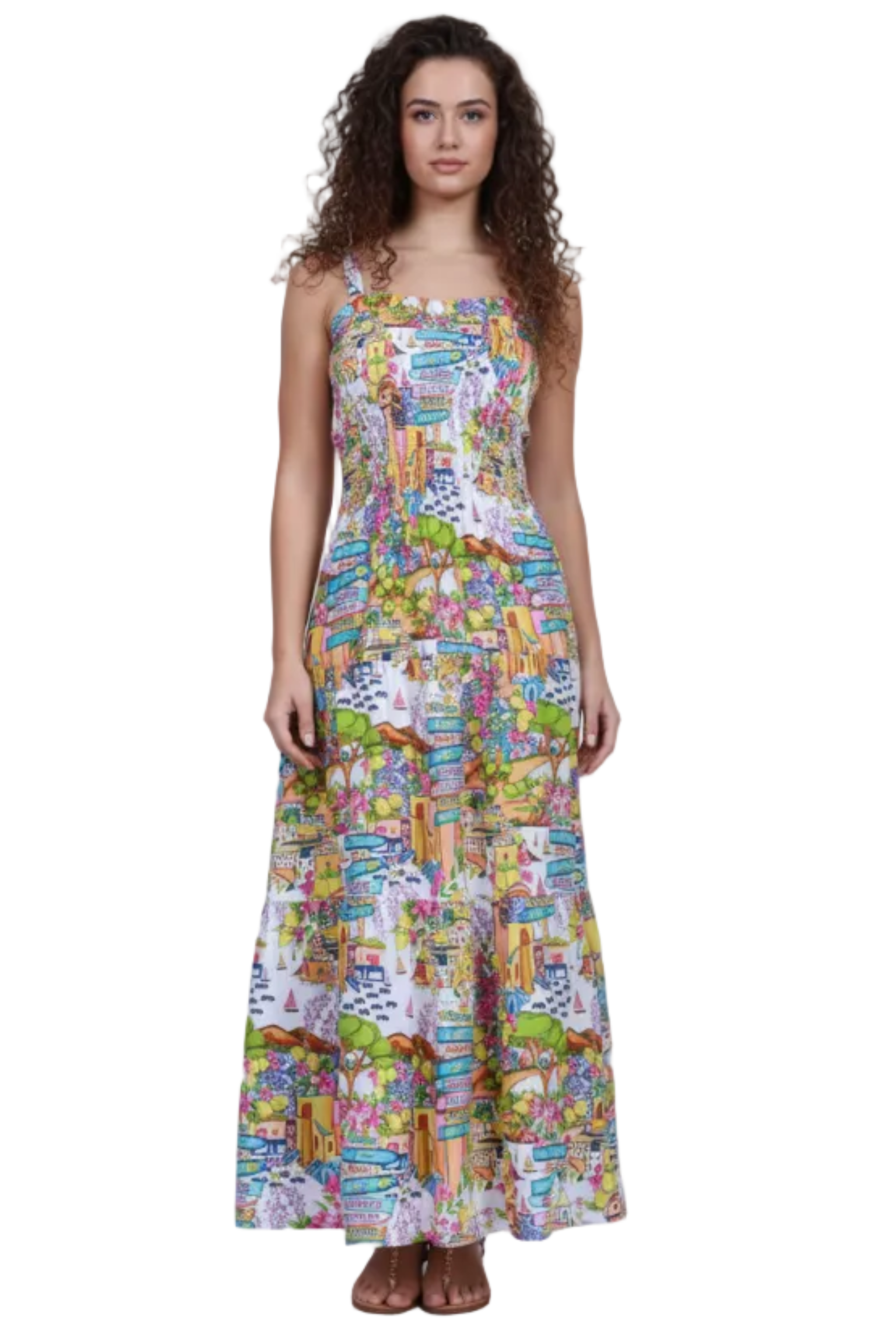 Abito Positano Lungo in Puro Lino Balzato con Stampa Costiera