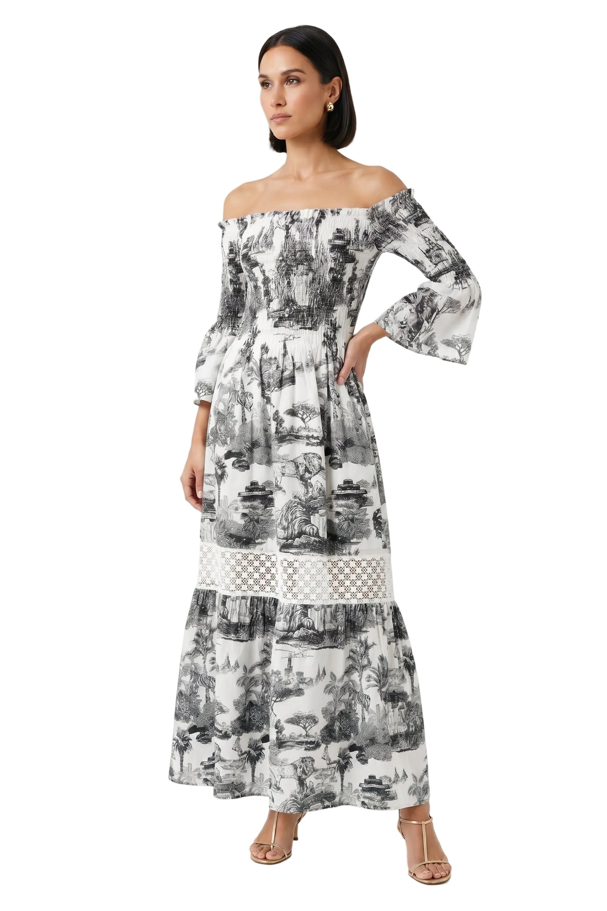 Long Positano Dress in Pure Linen with Black Toile de Jouy Print