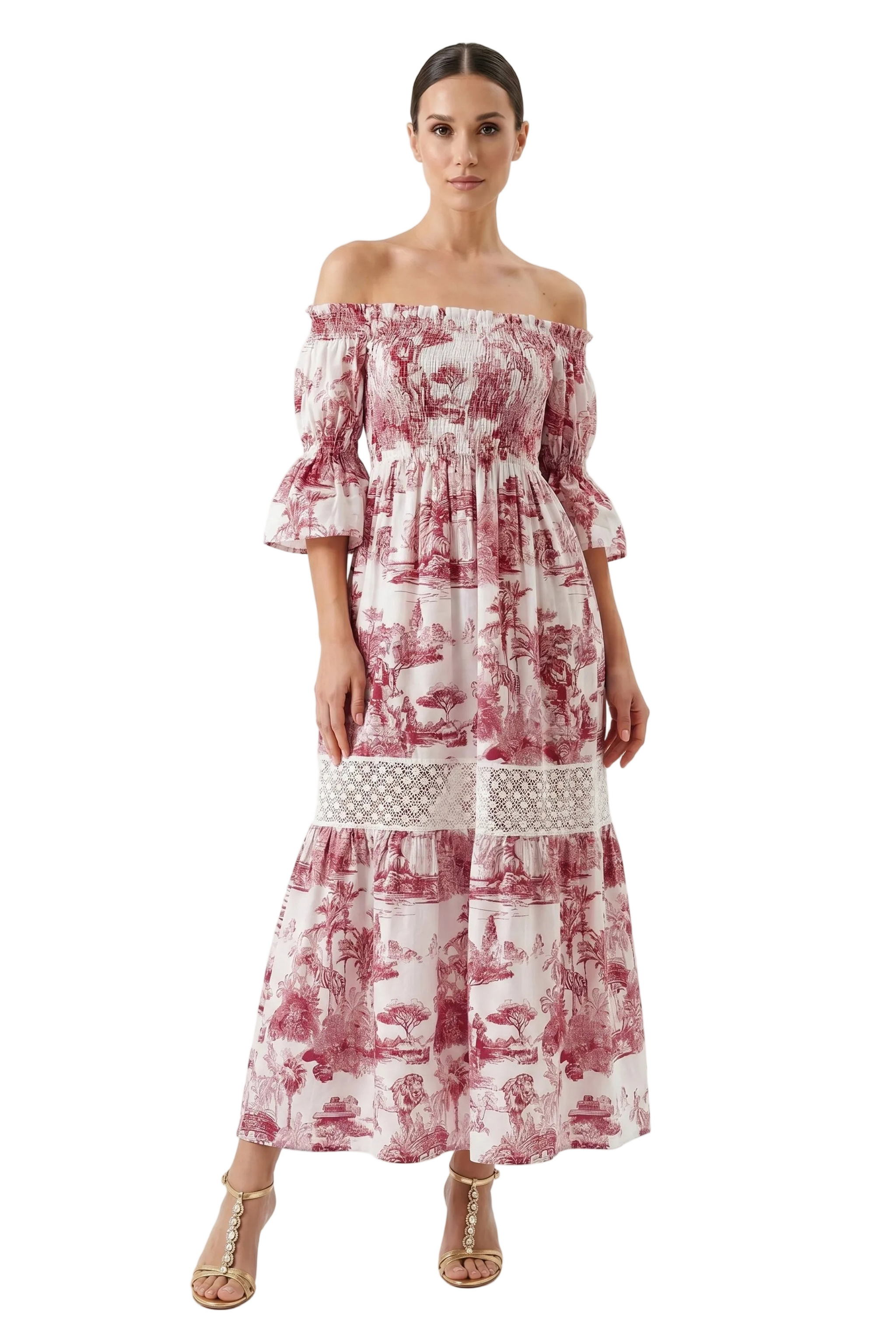 Long Positano Dress in Pure Linen with Pink Toile de Jouy Print 