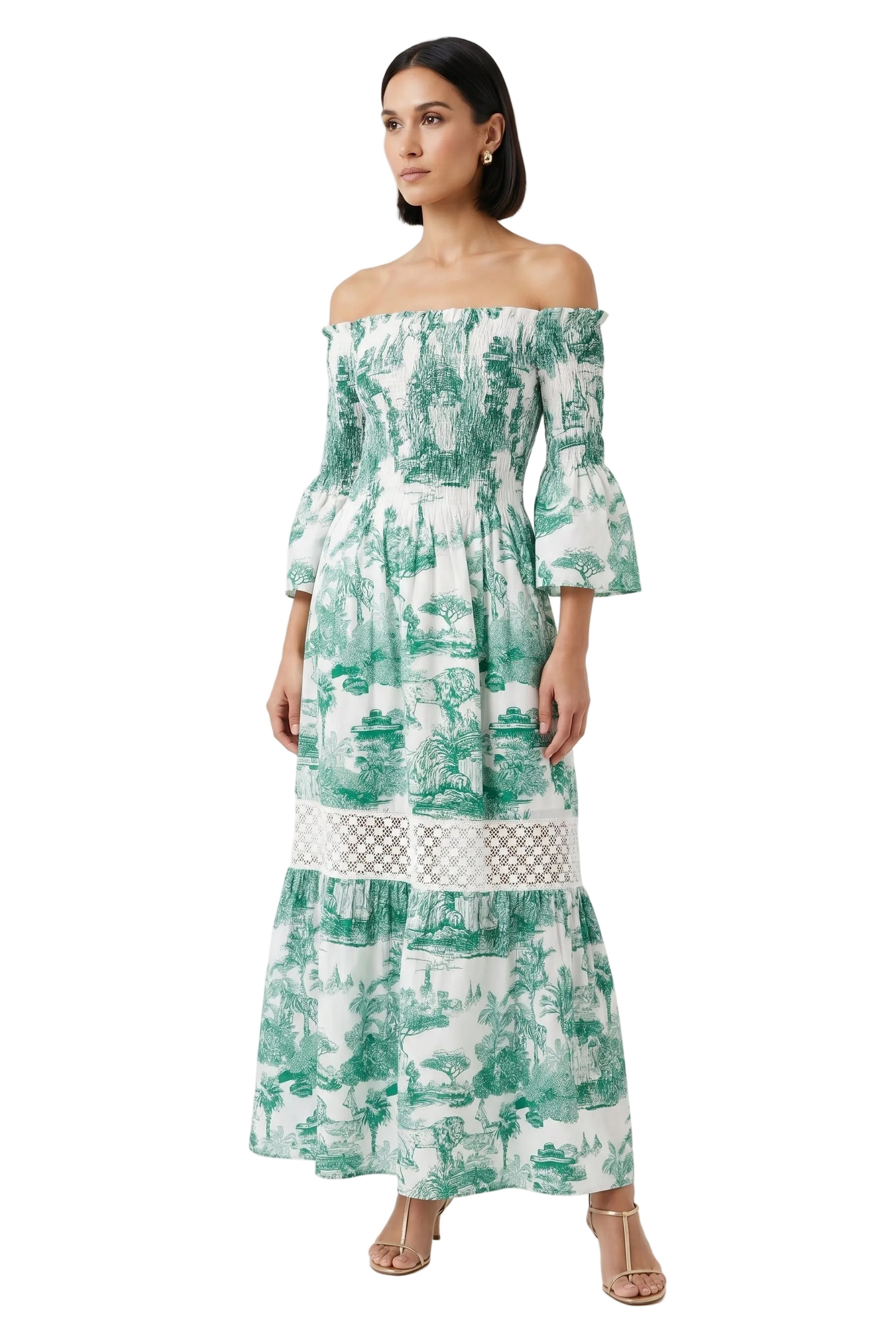 Long Positano Dress in Pure Linen with Green Toile de Jouy Print
