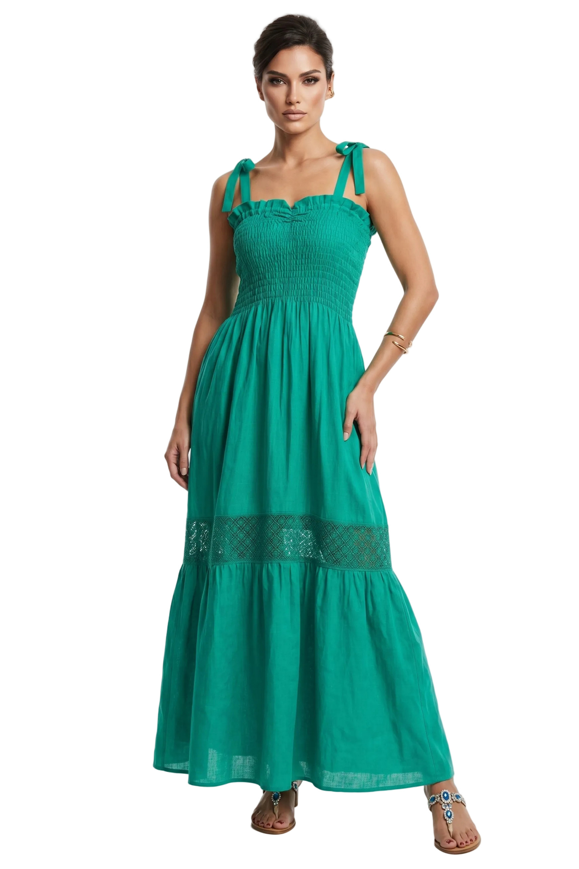 Abito Positano Lungo in Puro Lino e fascia Macramè Verde Smeraldo Ariel