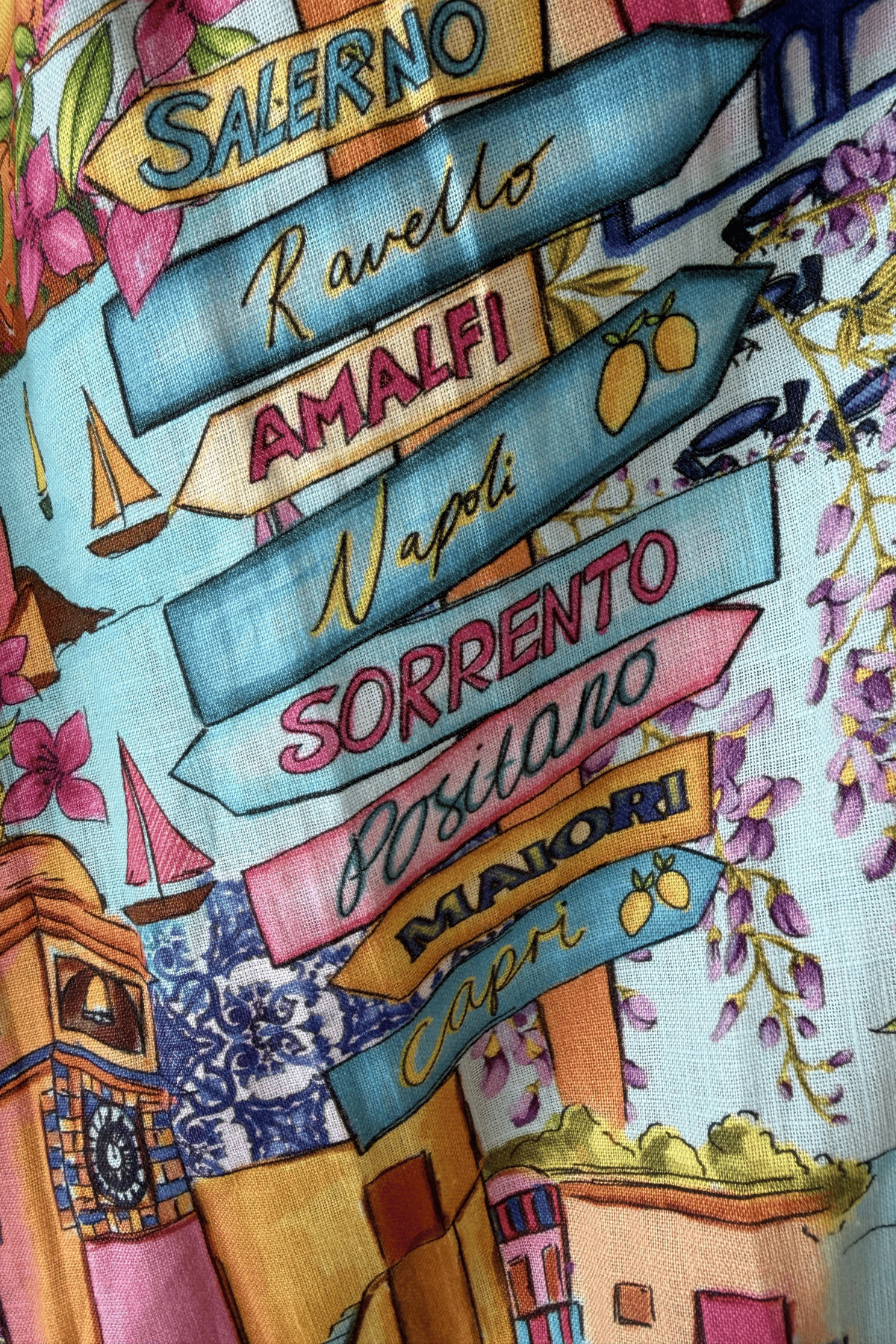 Abito Corto in Puro Lino con Stampa Costiera - Nanà Positano | Sandali Artigianali Positano Realizzati A Mano